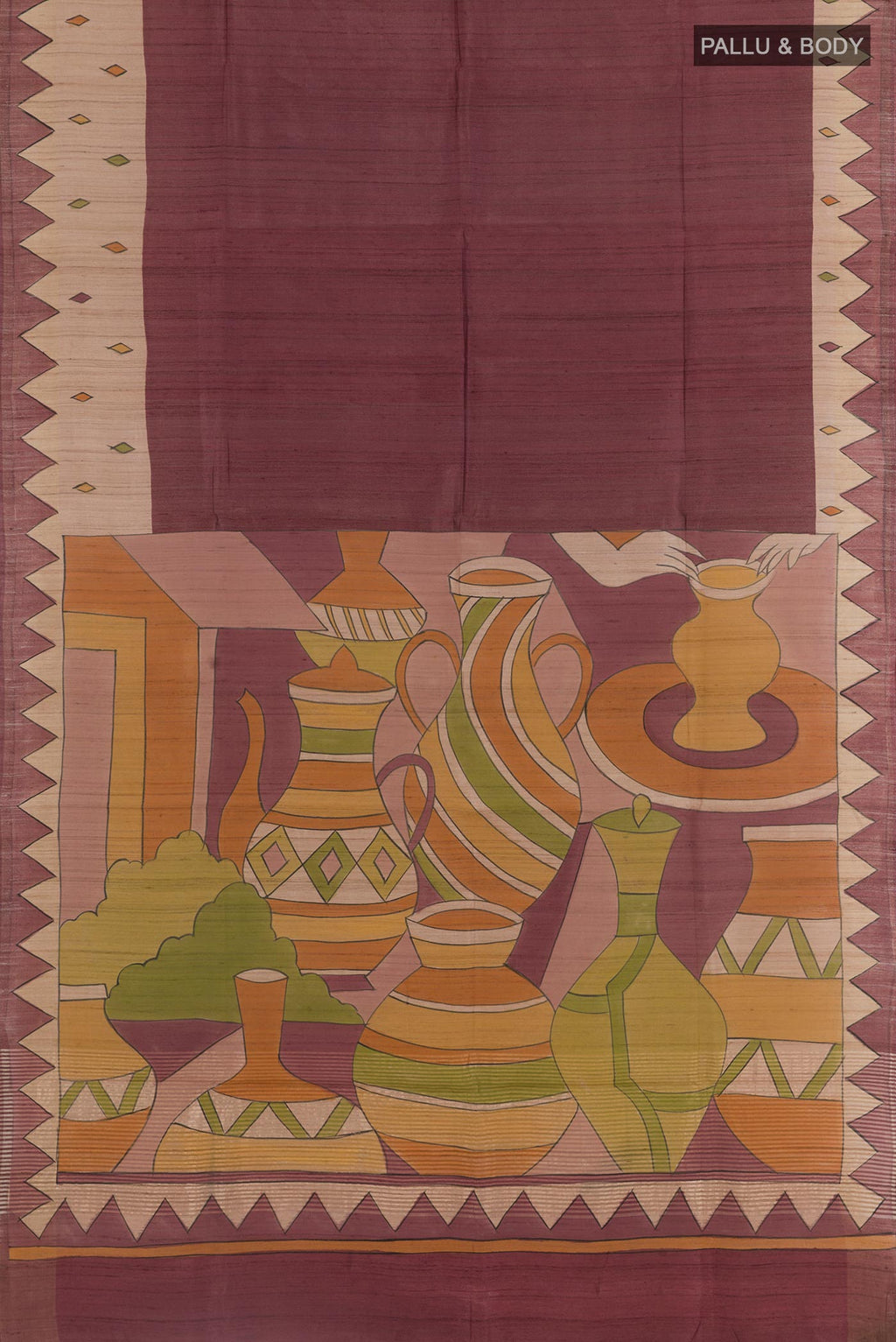 Flat view of Coffee Brown Tussar Silk Saree with Plain Body and Printed Border. 