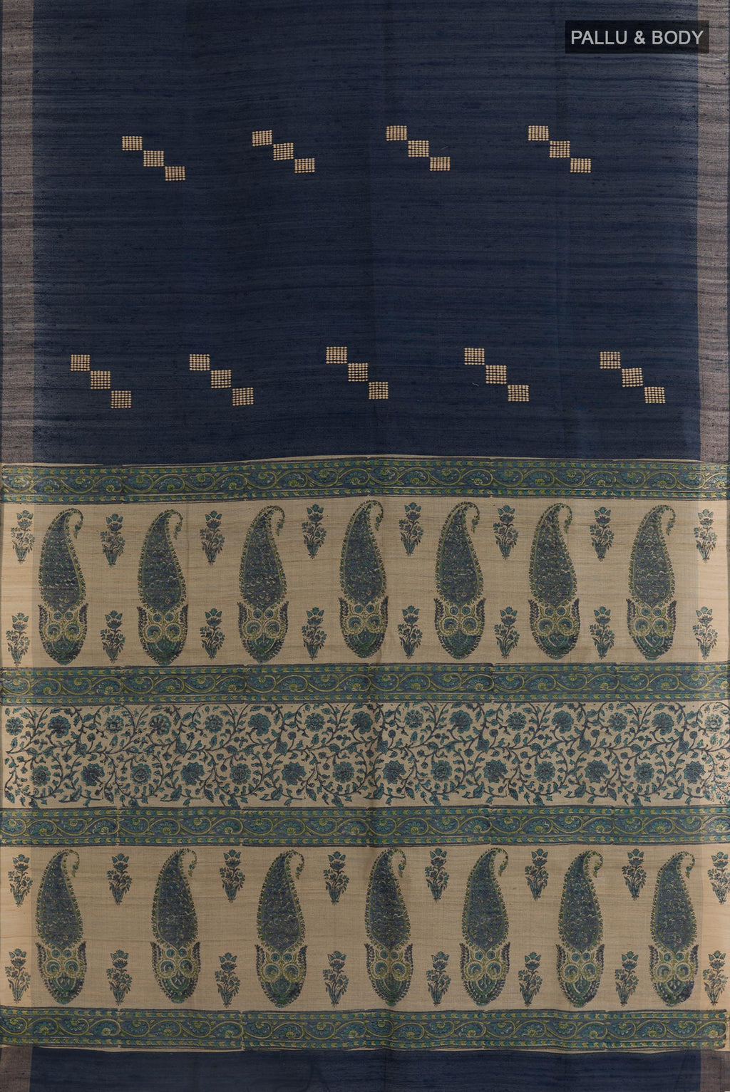 Flat view of Navy Blue Tussar Saree with Thread Butta on the body and Zari Border. 