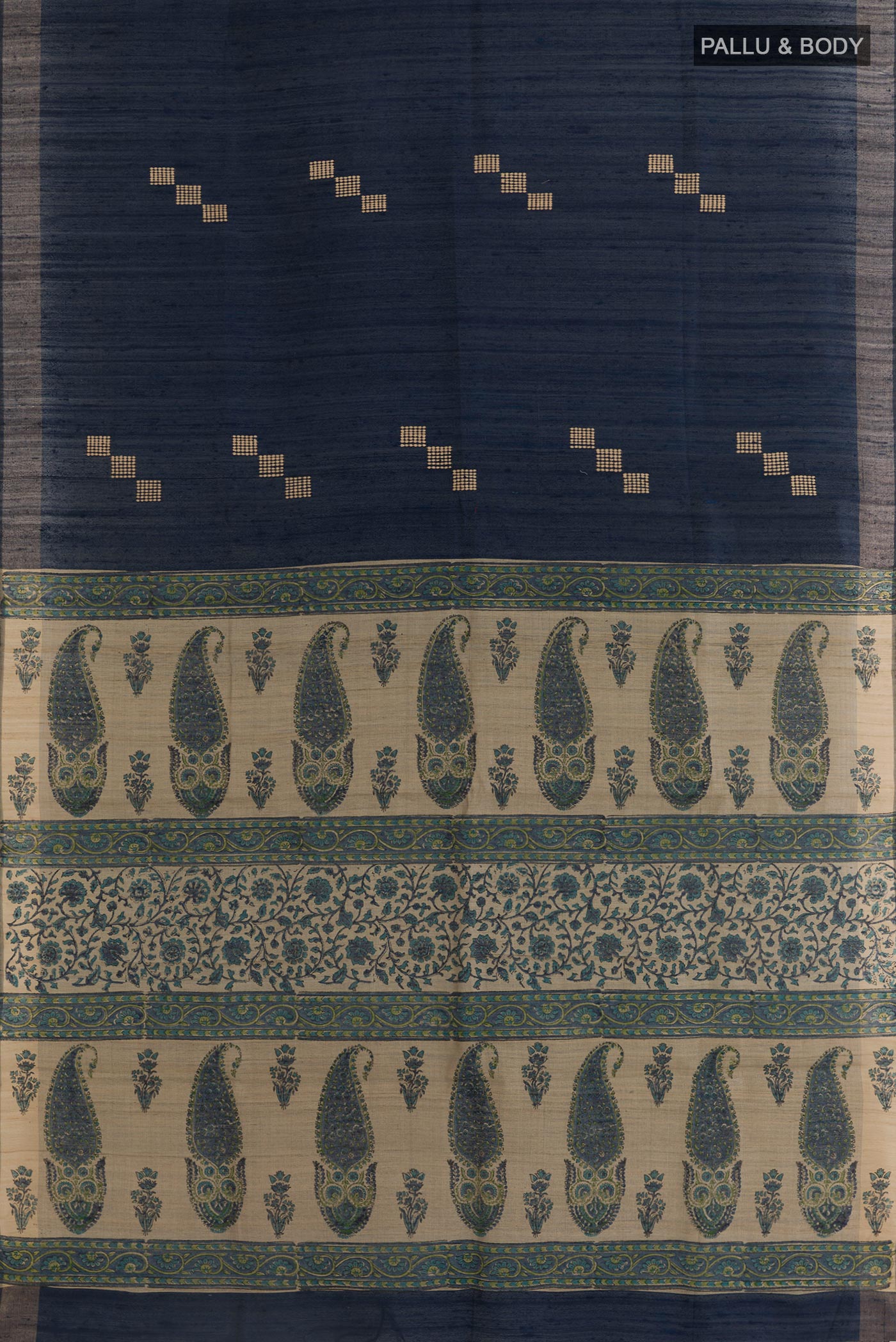 Flat view of Navy Blue Tussar Saree with Thread Butta on the body and Zari Border. 