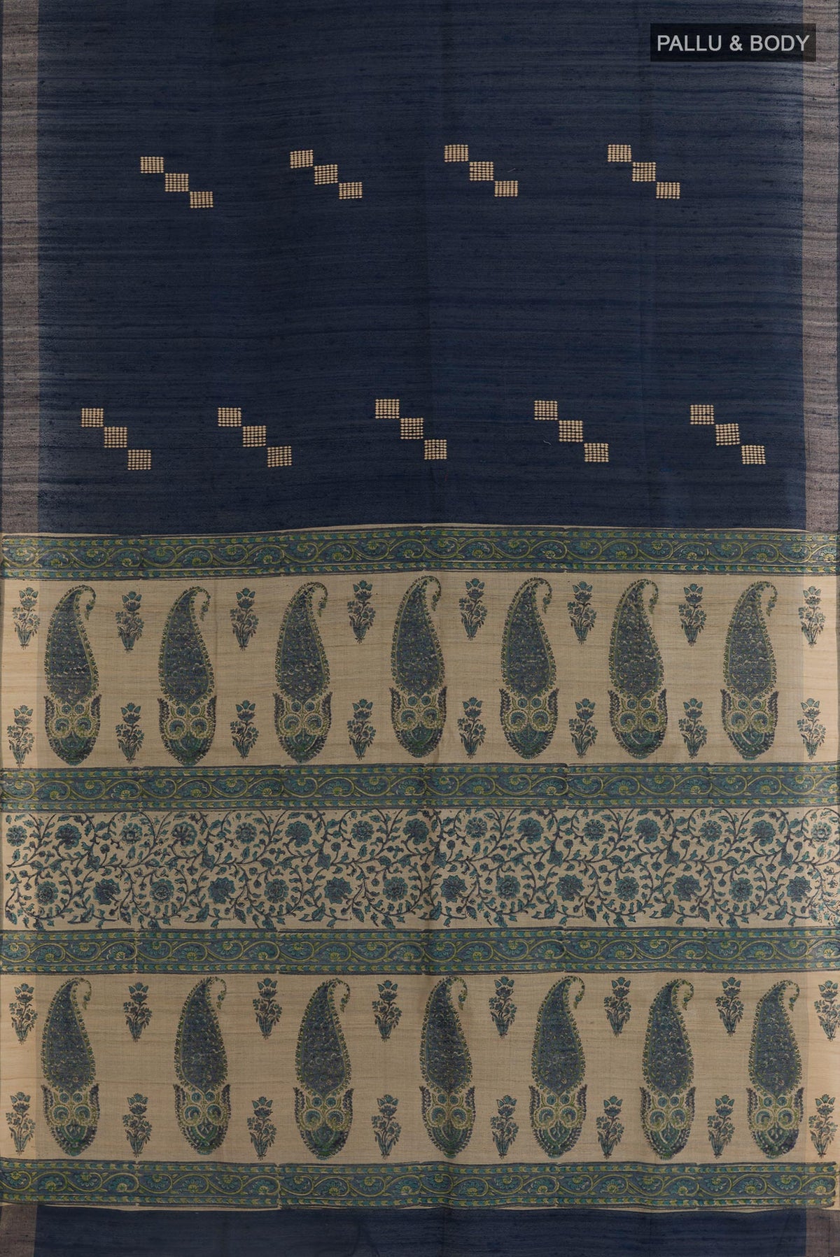 Flat view of Navy Blue Tussar Saree with Thread Butta on the body and Zari Border. 