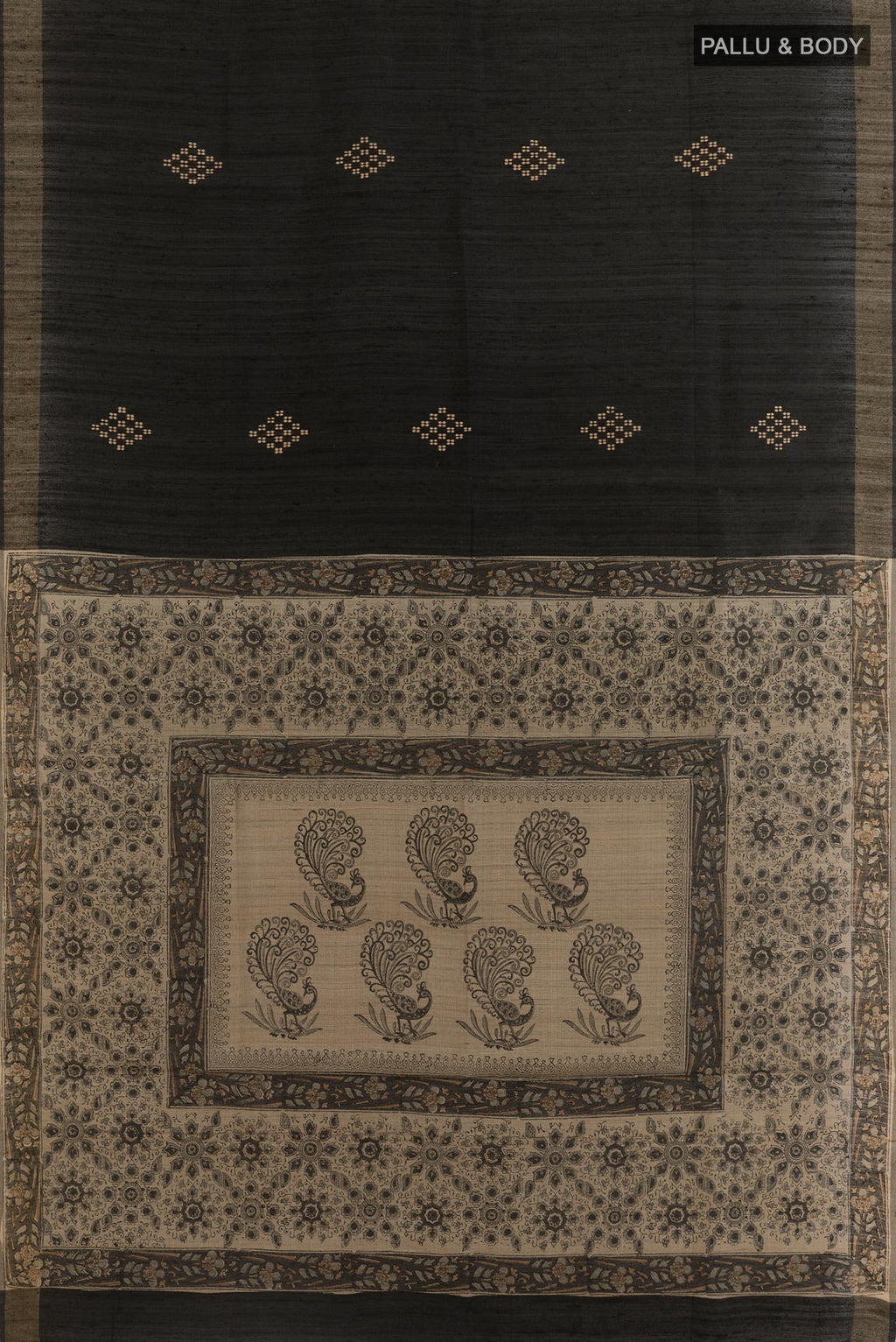 Flat view of Black Tussar Silk Saree with Thread Butta on the body and Zari Border. 