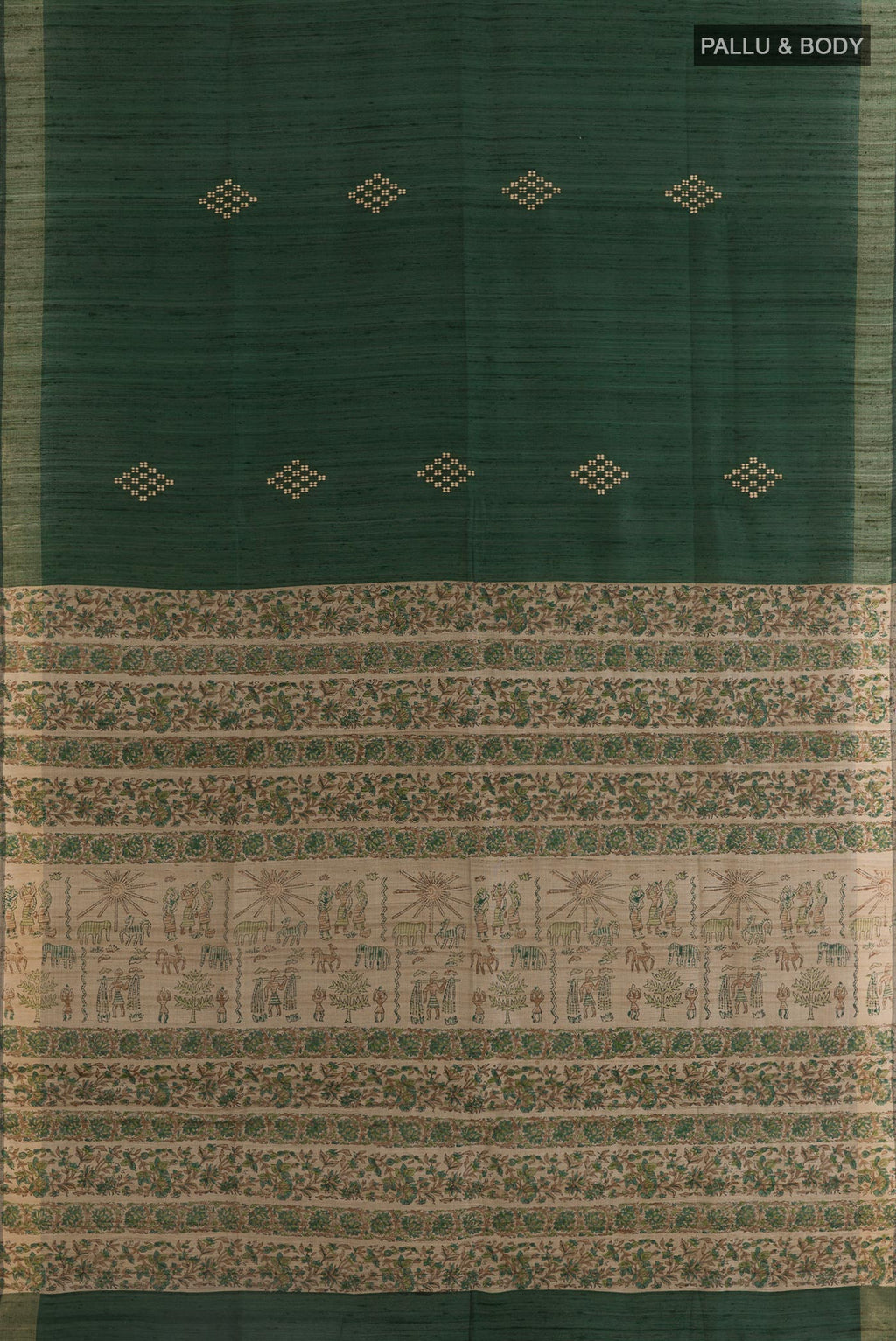 Flat view of Bottle Green Tussar Silk Saree with Thread Butta on the body and Zari Border. 