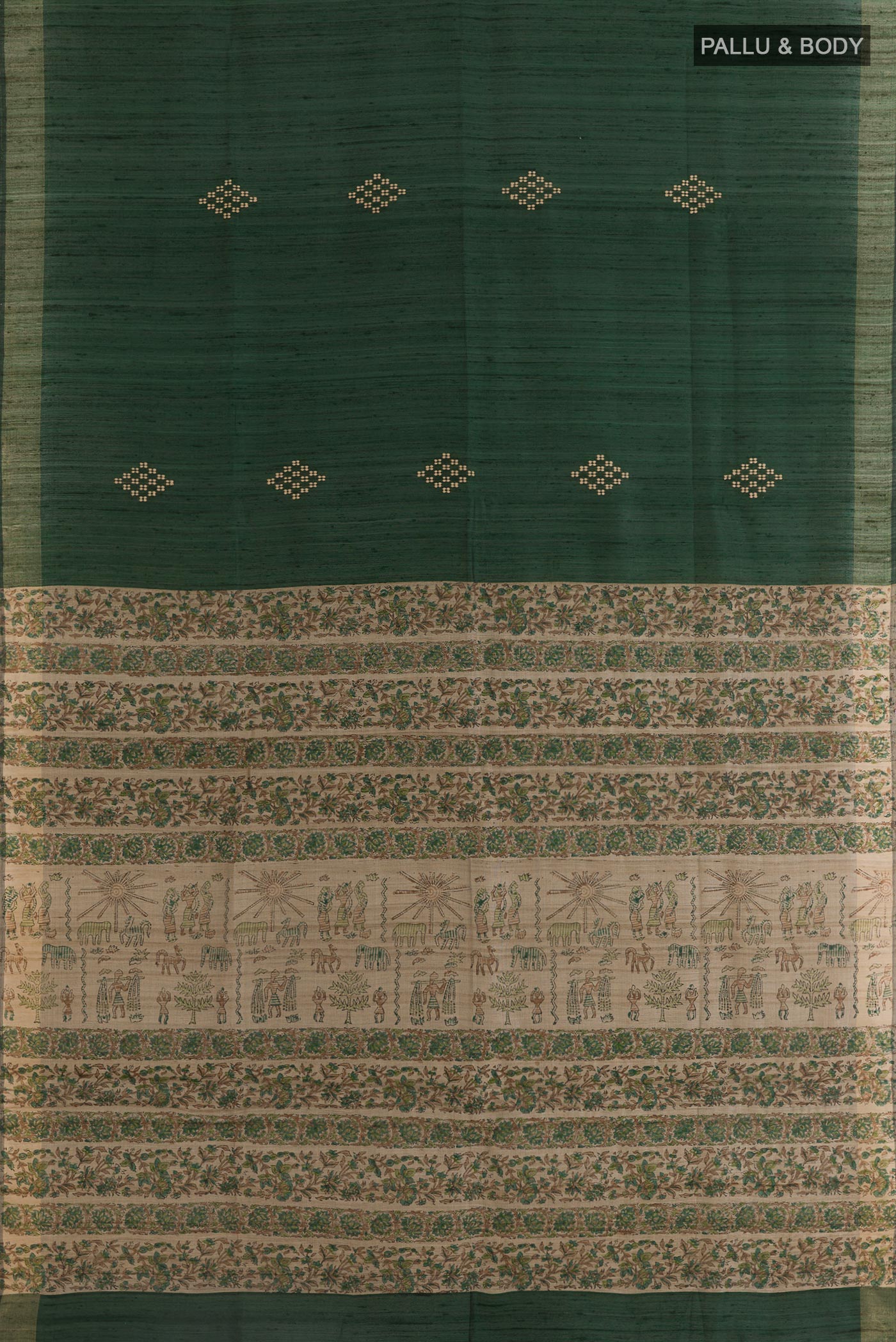 Flat view of Bottle Green Tussar Silk Saree with Thread Butta on the body and Zari Border. 