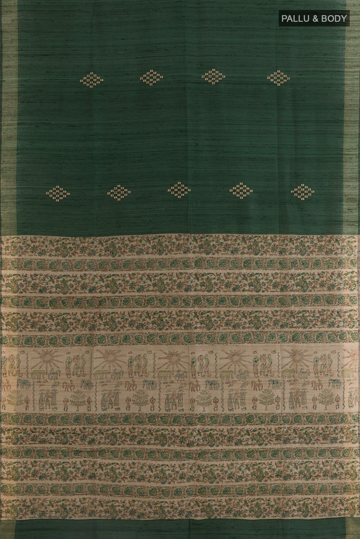 Flat view of Bottle Green Tussar Silk Saree with Thread Butta on the body and Zari Border. 