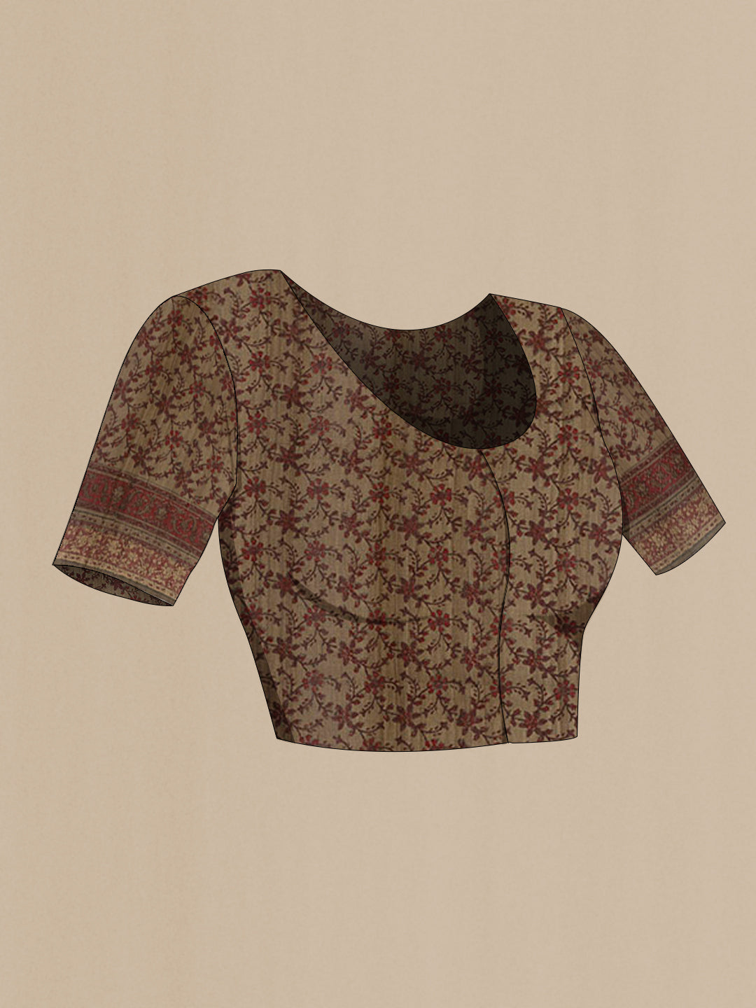 Close up image of the blouse of Coffee Brown Tussar Silk Saree with Thread Butta on the body and Zari Border. 