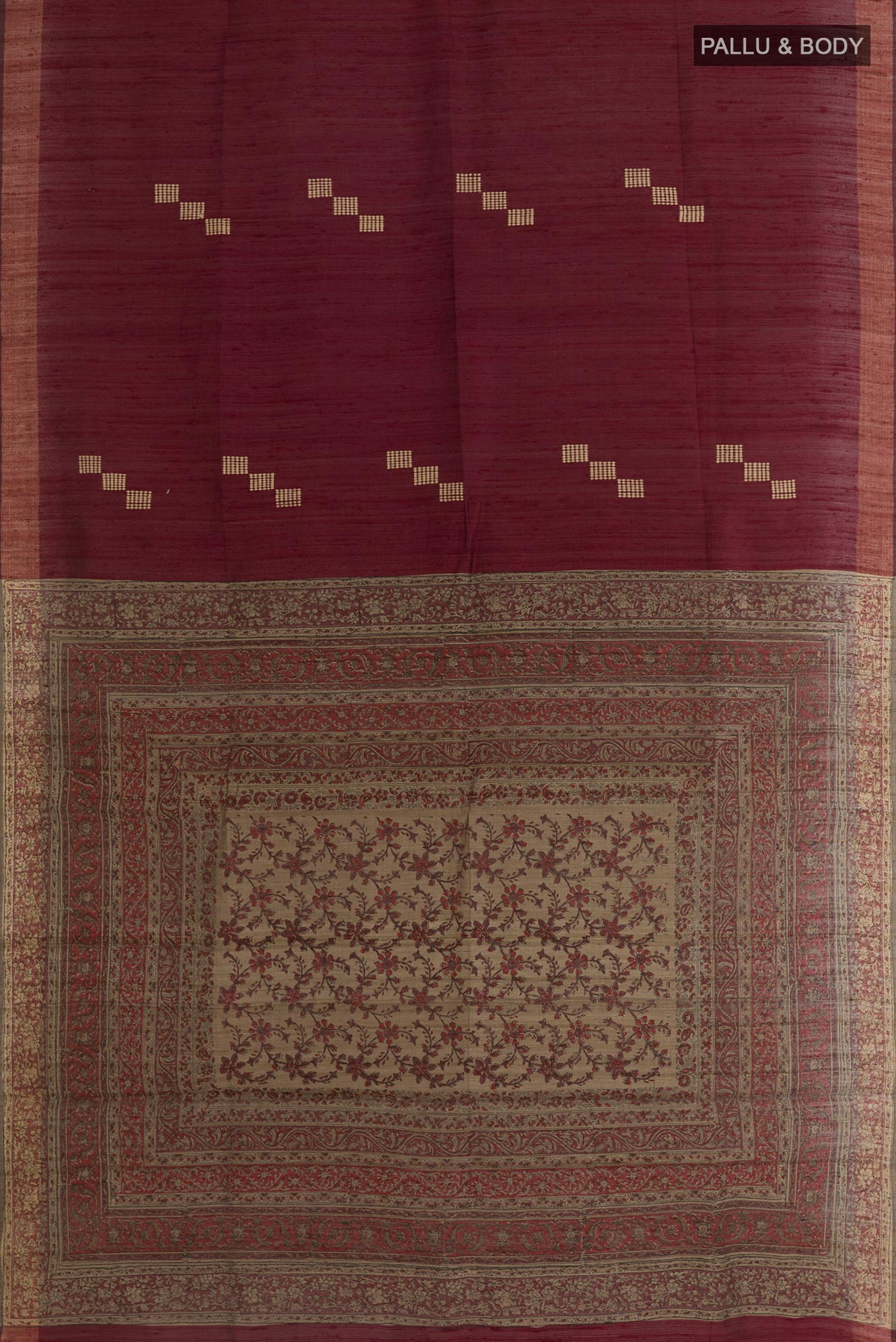Flat view of Coffee Brown Tussar Silk Saree with Thread Butta on the body and Zari Border. 