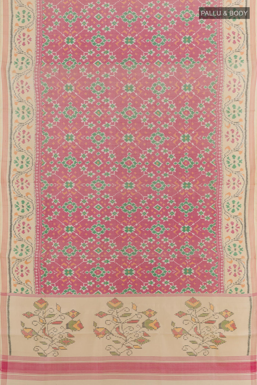 Flat view of Off White Rajkot Patola Silk Saree with Ikat design on the body and Zari Border. 