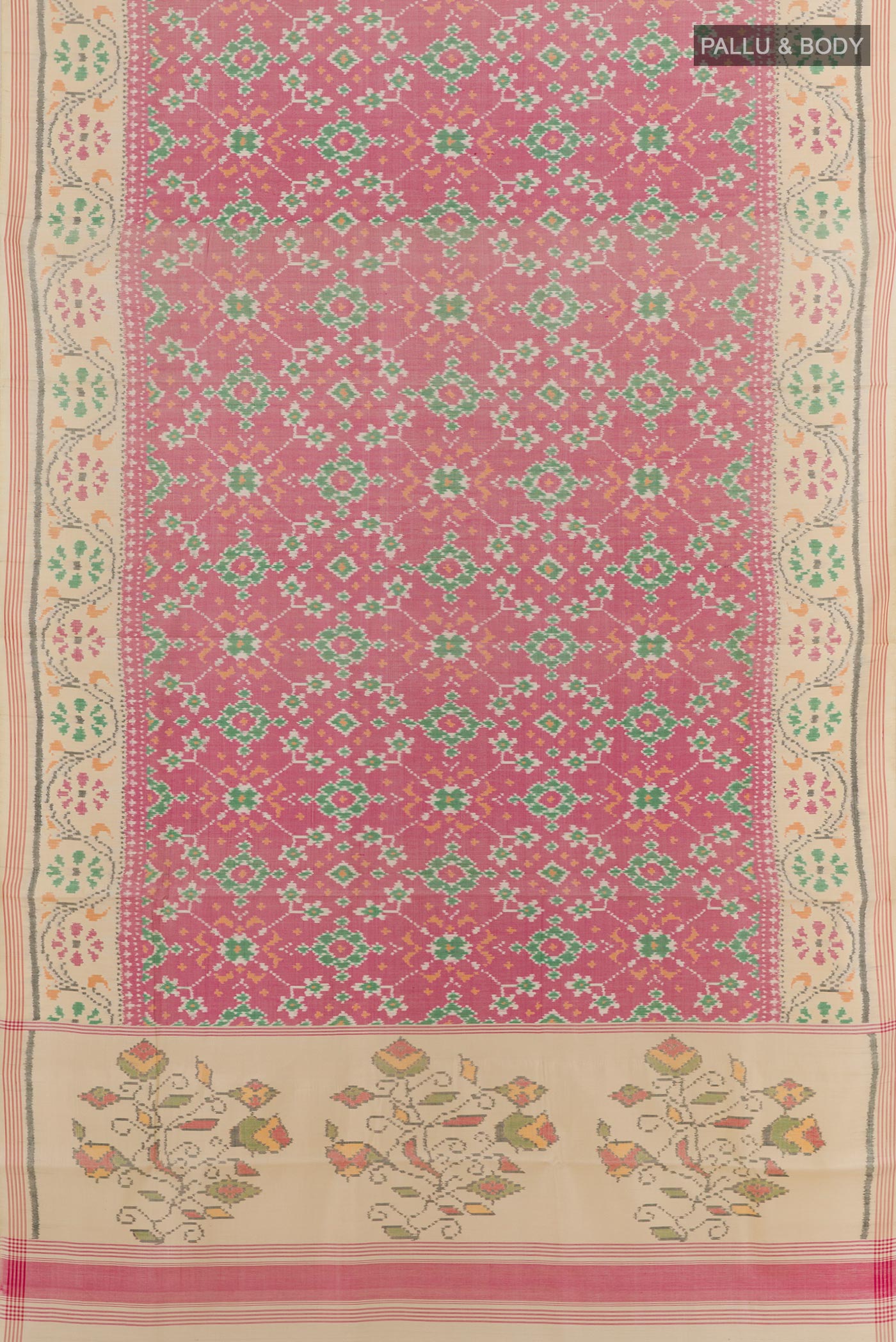 Flat view of Off White Rajkot Patola Silk Saree with Ikat design on the body and Zari Border. 