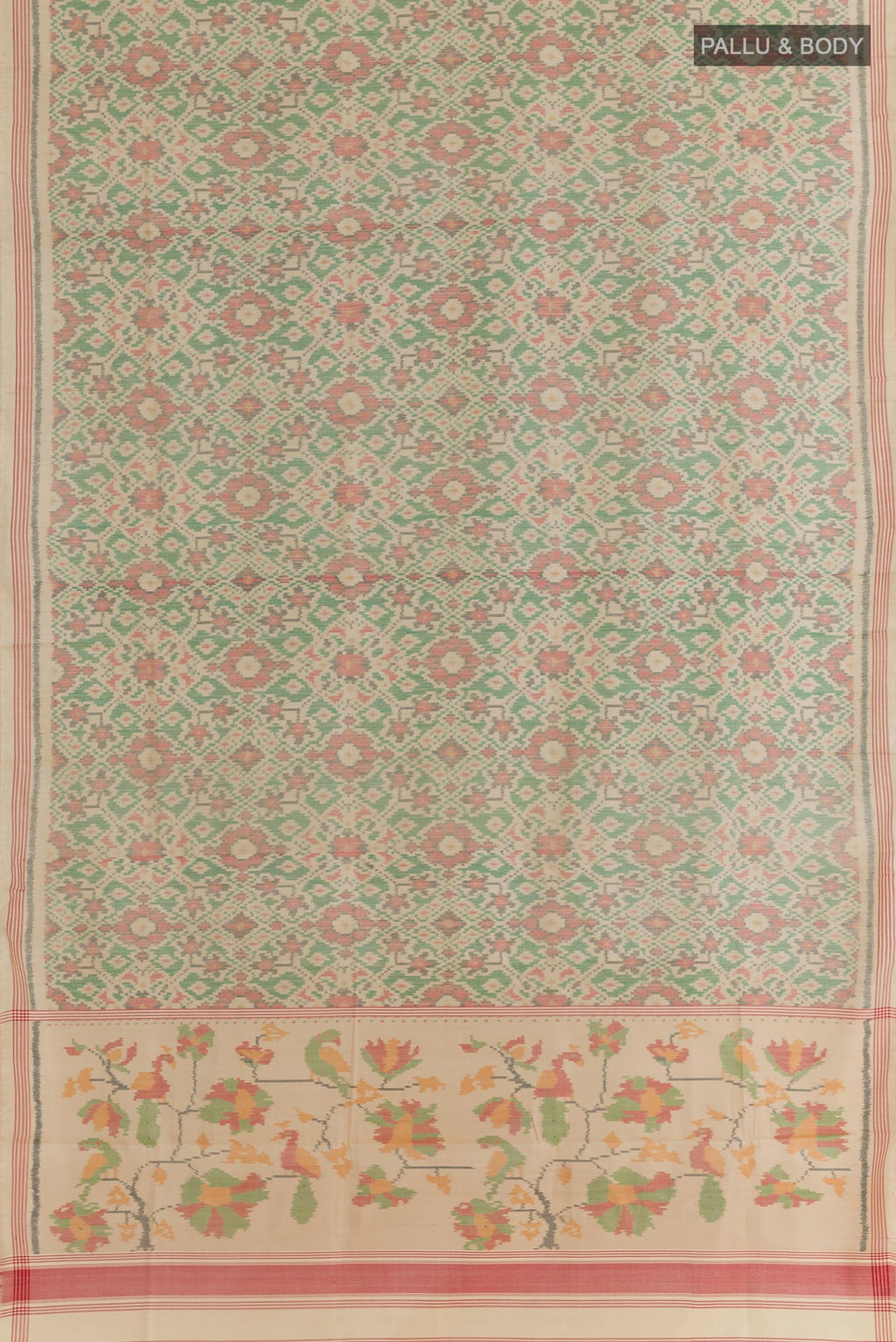Flat view of Cream Rajkot Patola Silk Saree with Pure Ikat on the body and Zari Border. 