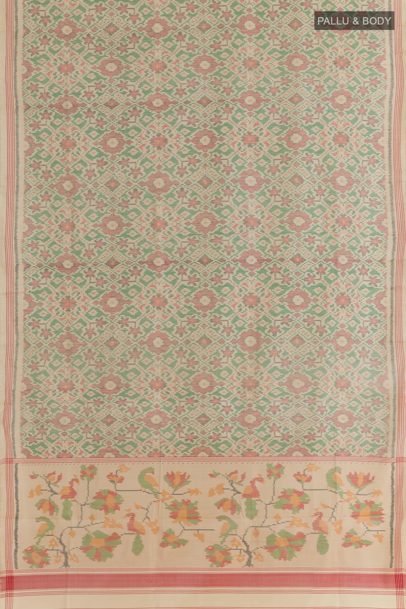 Flat view of Cream Rajkot Patola Silk Saree with Pure Ikat on the body and Zari Border. 