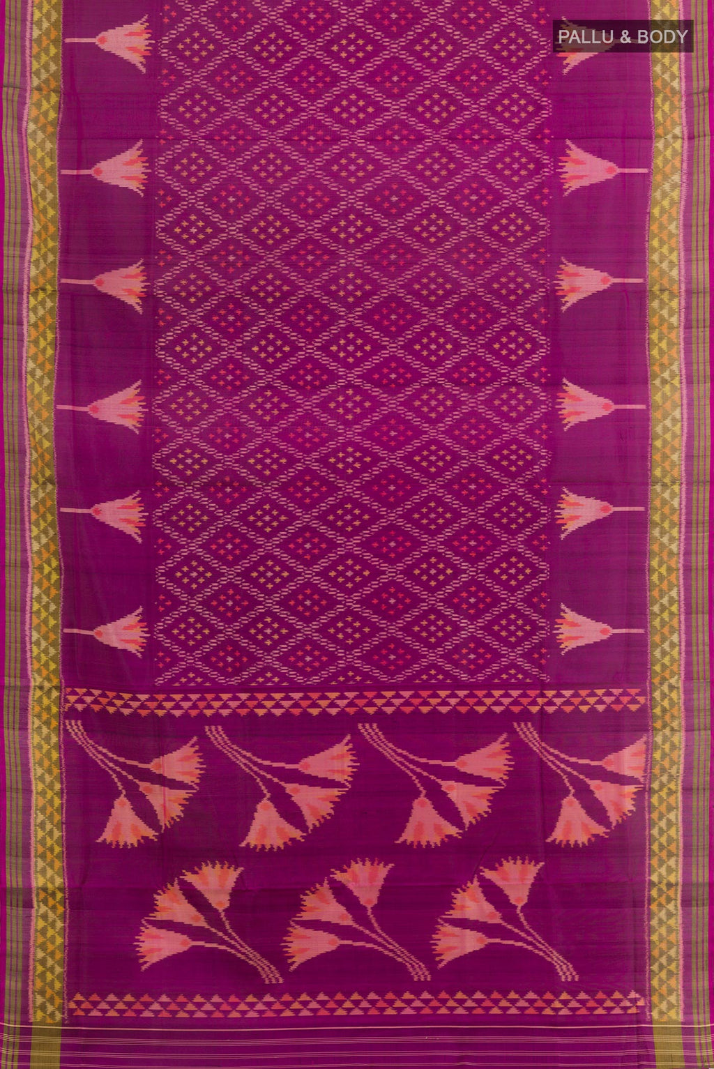 Flat view of Purple Rajkot Patola Silk Saree with Ikat design on the body and Zari Border. 