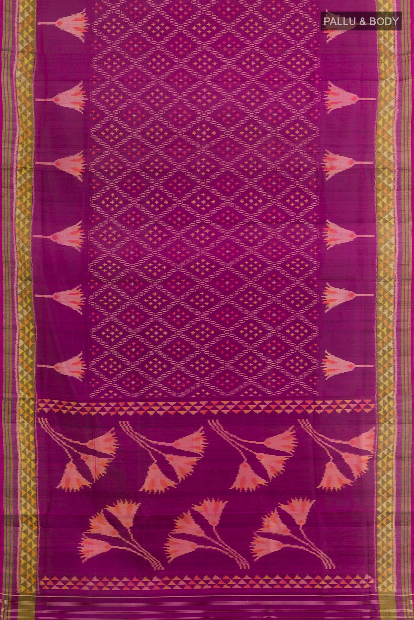 Flat view of Purple Rajkot Patola Silk Saree with Ikat design on the body and Zari Border. 