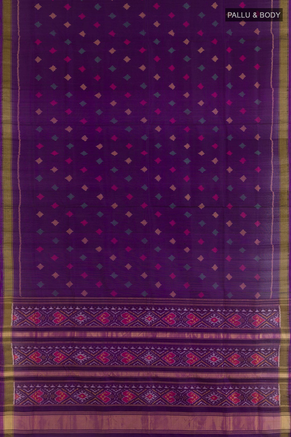 Flat view of Violet Rajkot Patola Silk Saree with Pure Ikat on the body and Zari Border. 