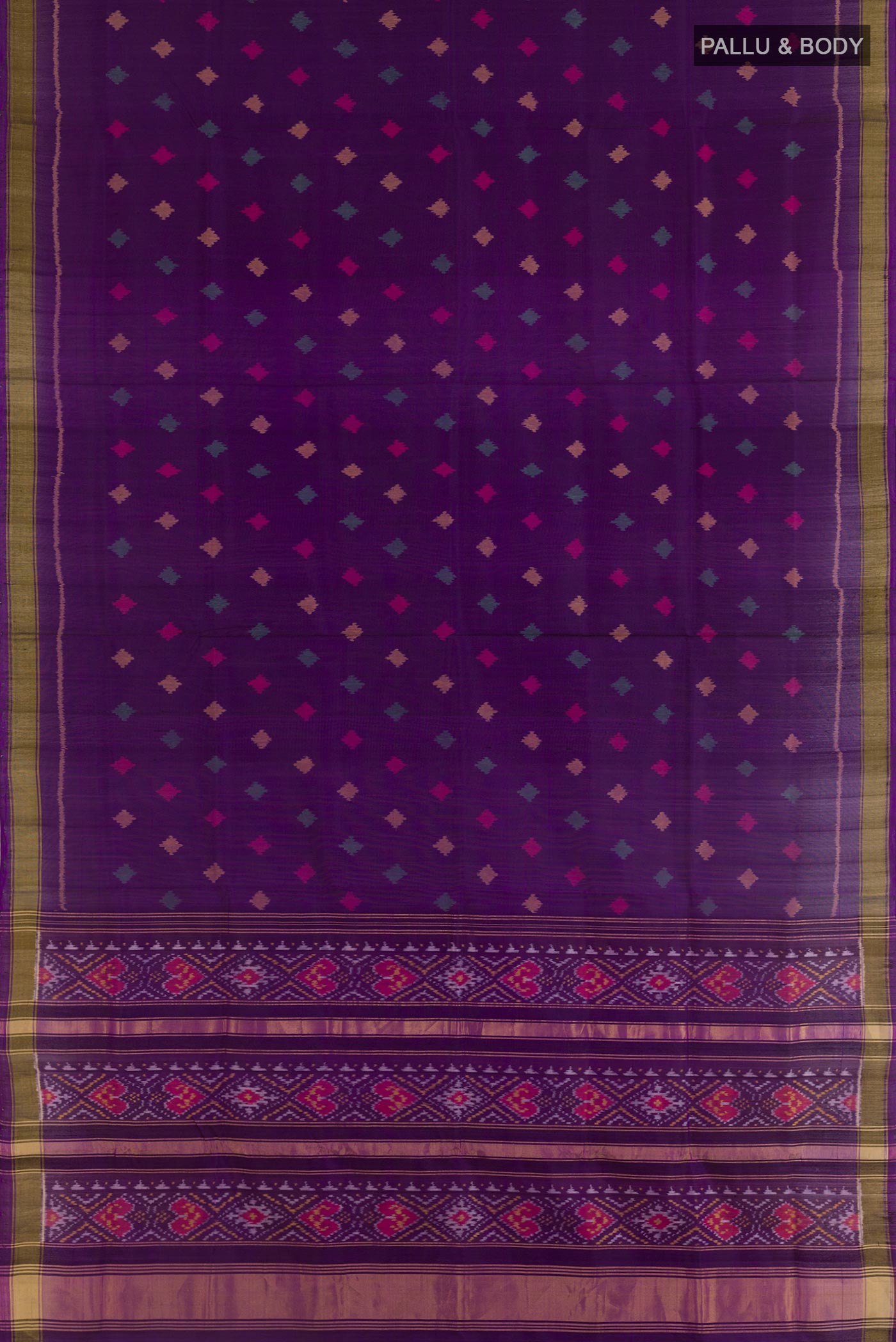 Flat view of Violet Rajkot Patola Silk Saree with Pure Ikat on the body and Zari Border. 