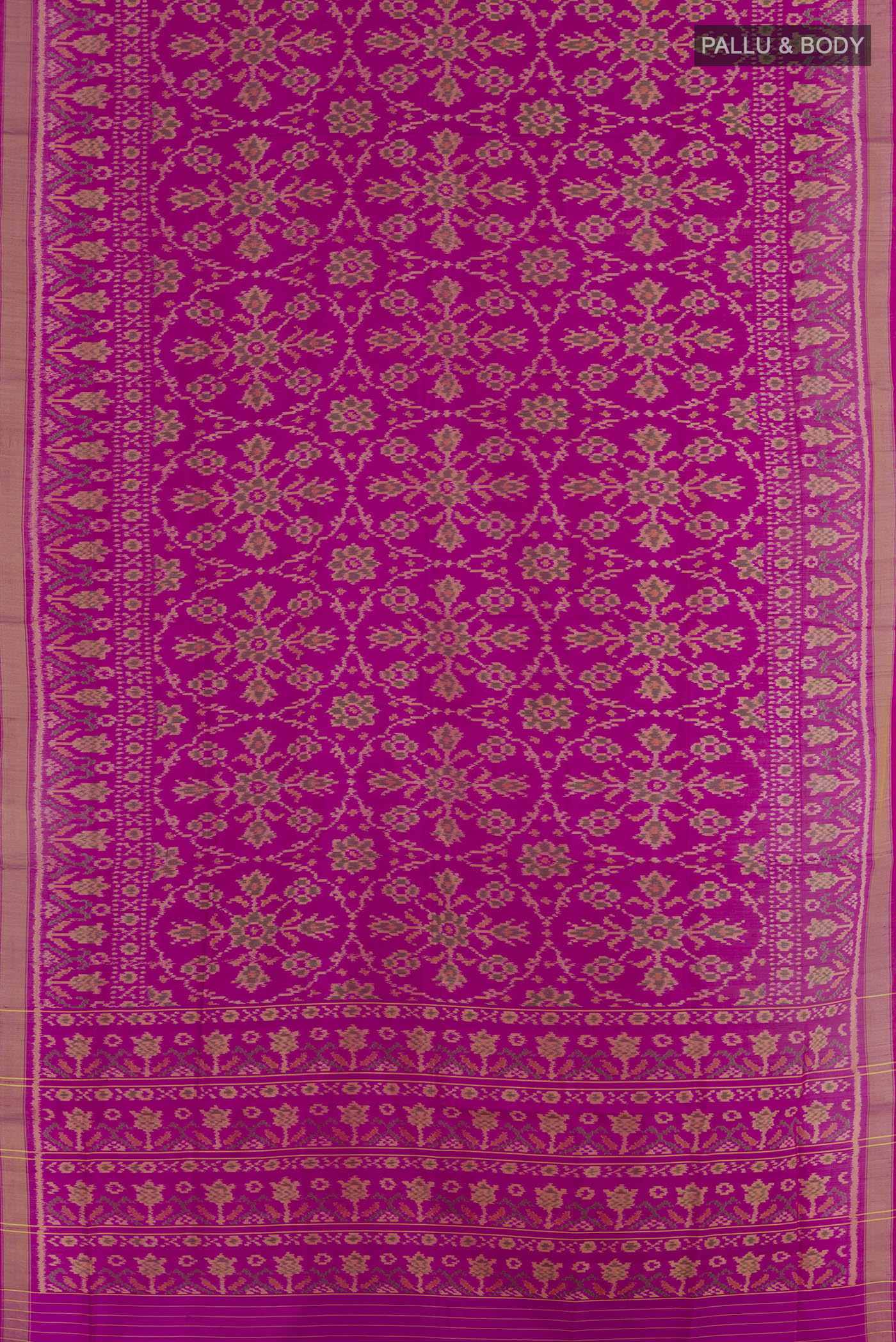 Flat view of Magenta Rajkot Patola Silk Saree with Pure Ikat on the body and Zari Border. 