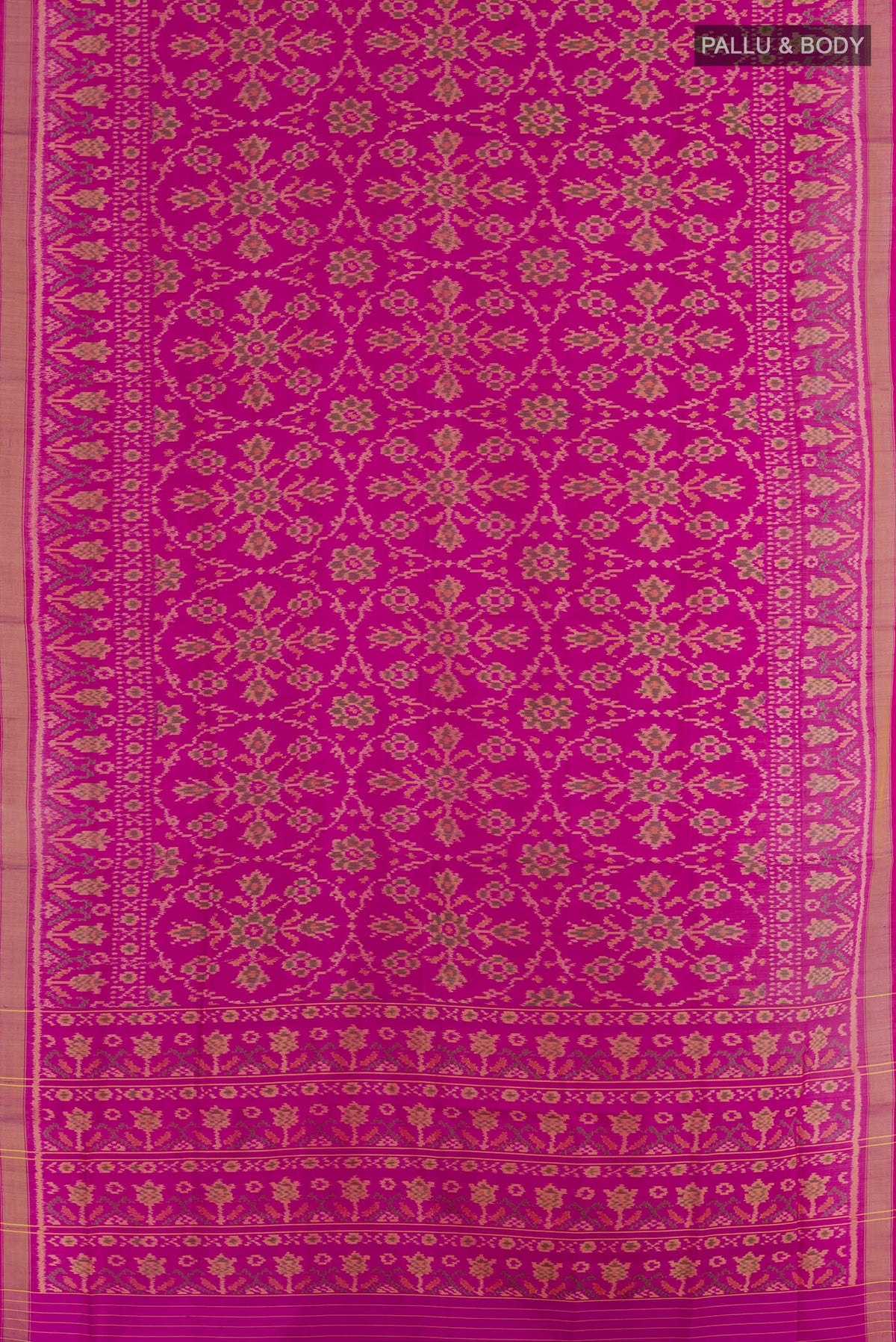 Flat view of Magenta Rajkot Patola Silk Saree with Pure Ikat on the body and Zari Border. 