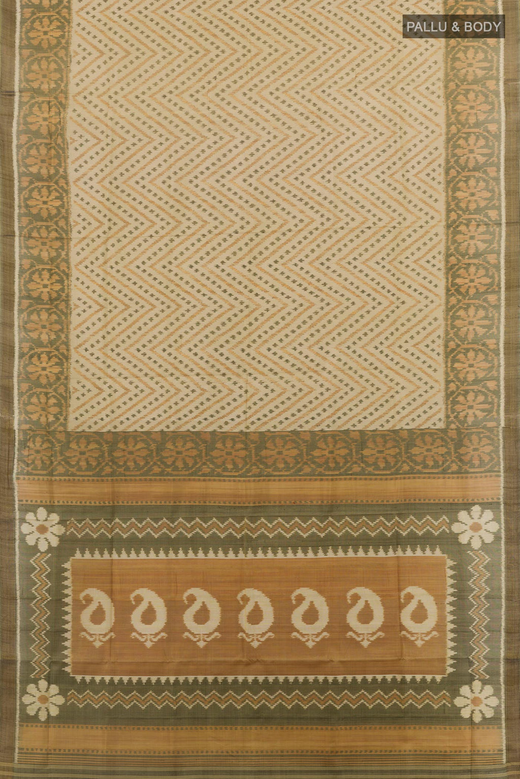 Flat view of Green Rajkot Patola Silk Saree with Pure Ikat on the body and Ikat Border. 