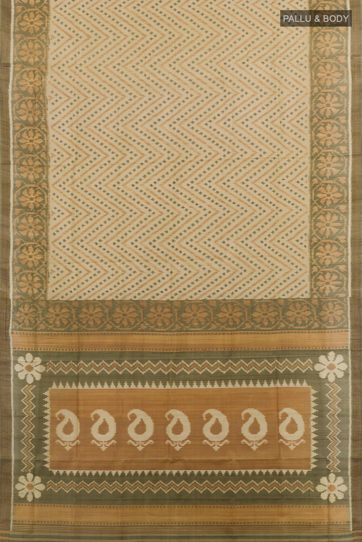 Flat view of Green Rajkot Patola Silk Saree with Pure Ikat on the body and Ikat Border. 