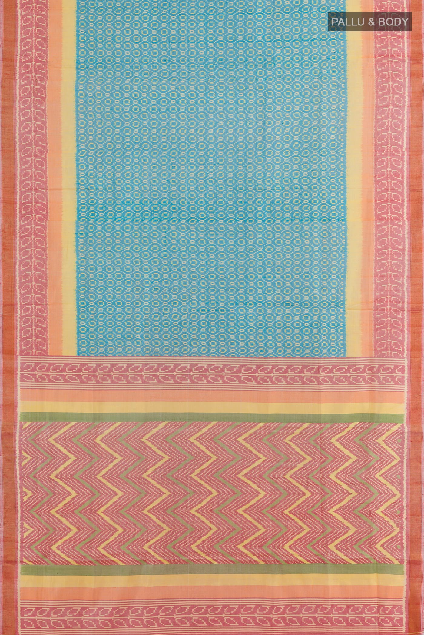 Flat view of Blue Rajkot Patola Silk Saree with Ikat design on the body and Zari Border. 