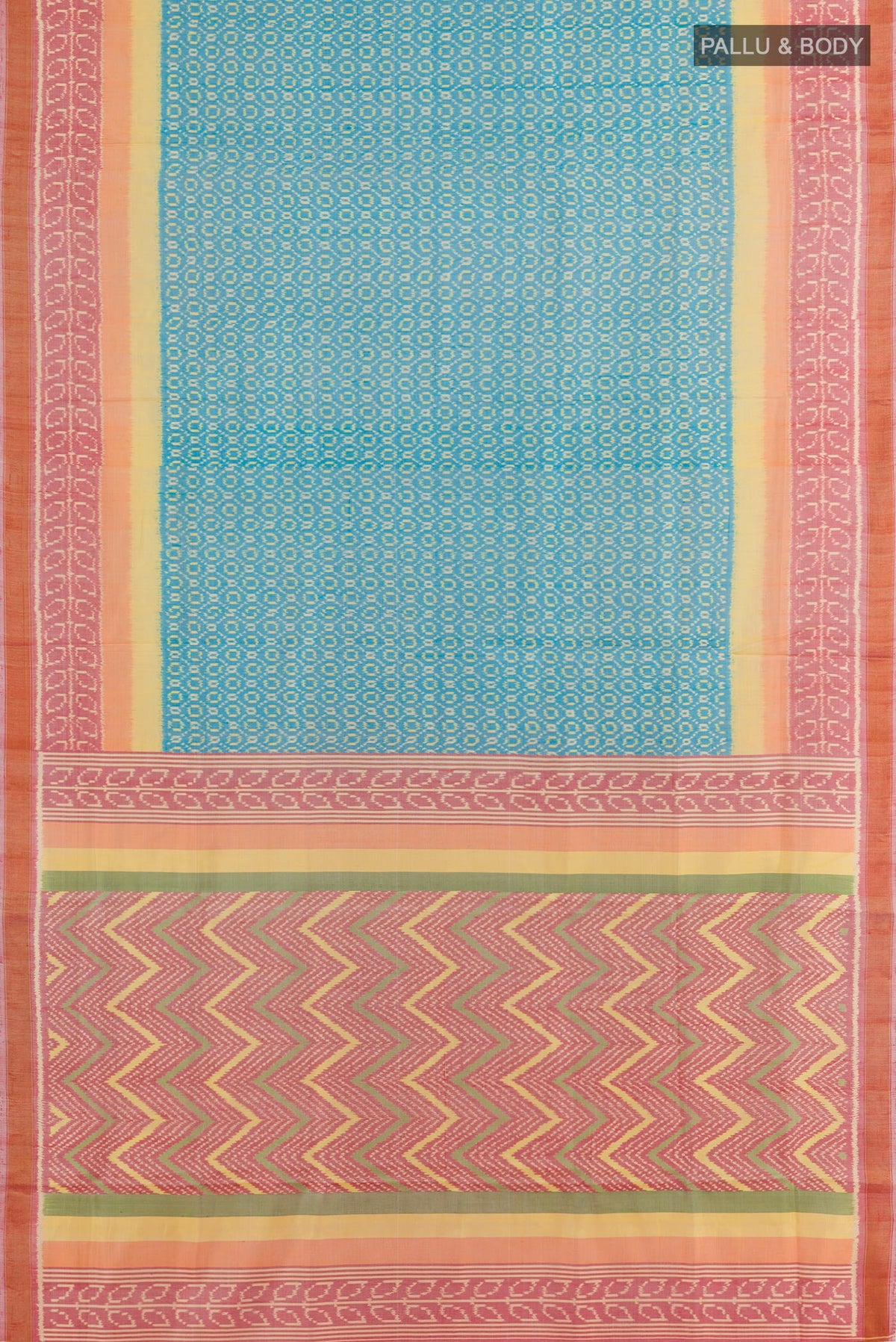 Flat view of Blue Rajkot Patola Silk Saree with Ikat design on the body and Zari Border. 