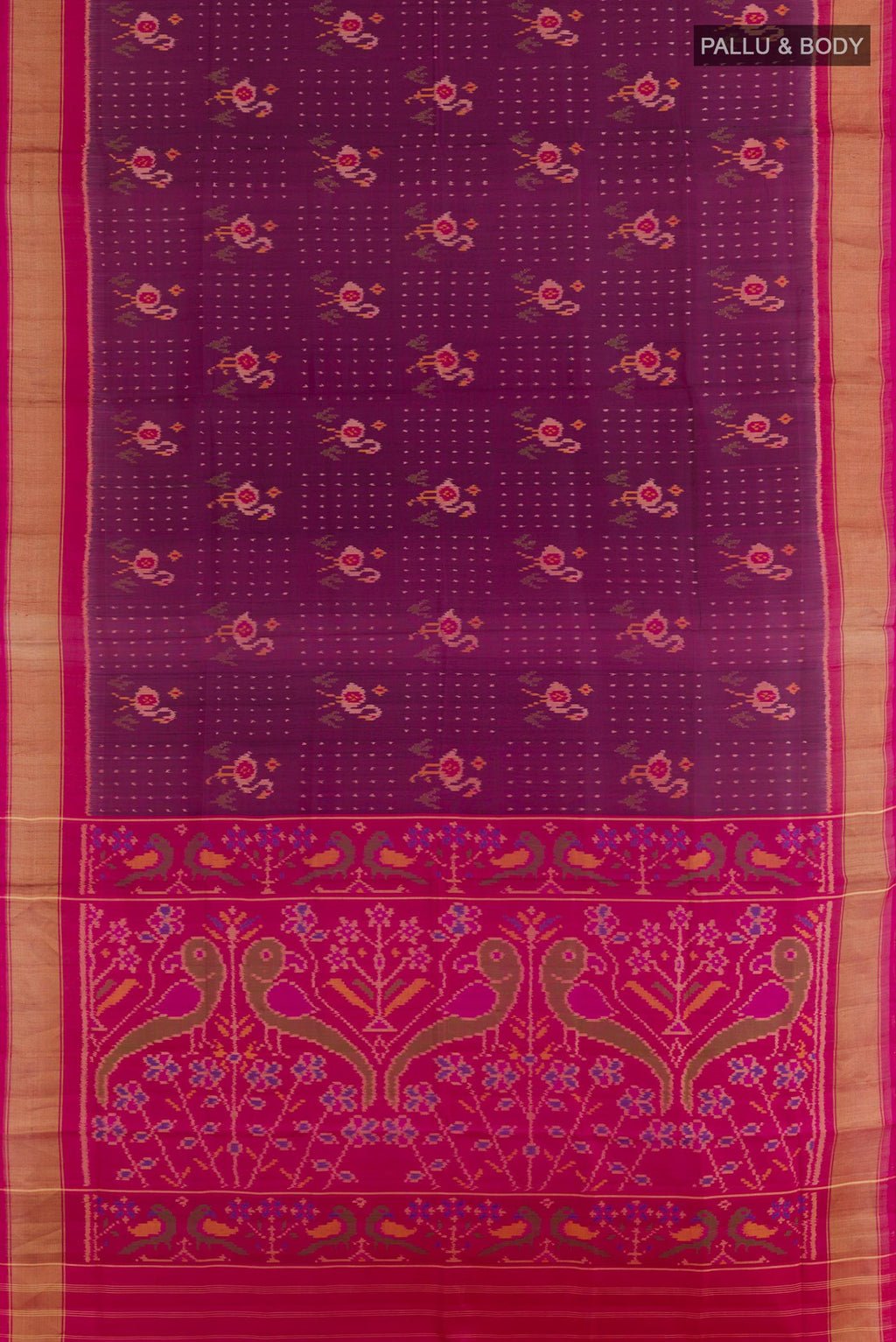 Flat view of Purple Rajkot Patola Silk Saree with Pure Ikat on the body and Zari Border. 