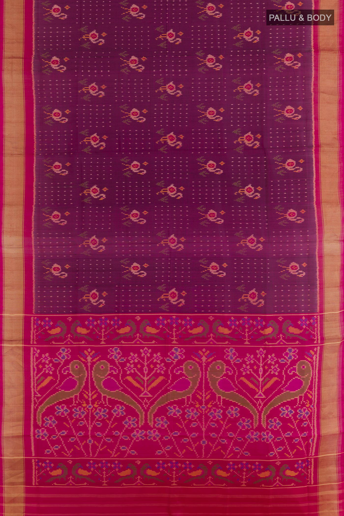 Flat view of Purple Rajkot Patola Silk Saree with Pure Ikat on the body and Zari Border. 