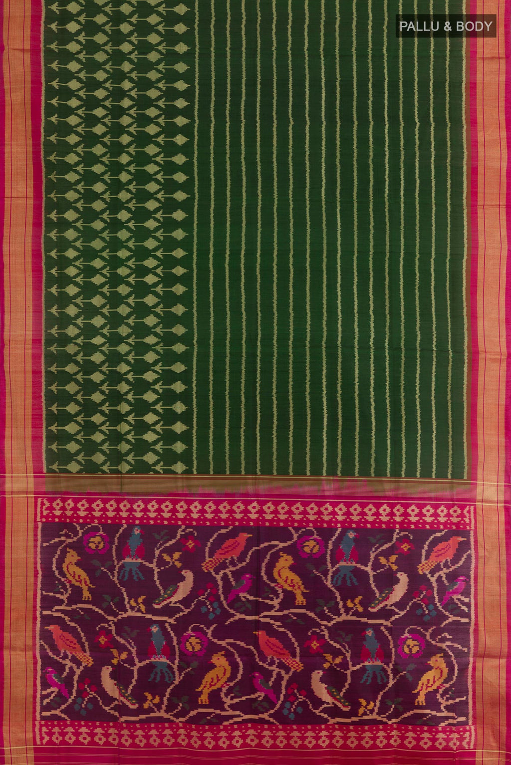 Flat view of Acid Green Rajkot Patola Silk Saree with Pure Ikat on the body and Zari Border. 