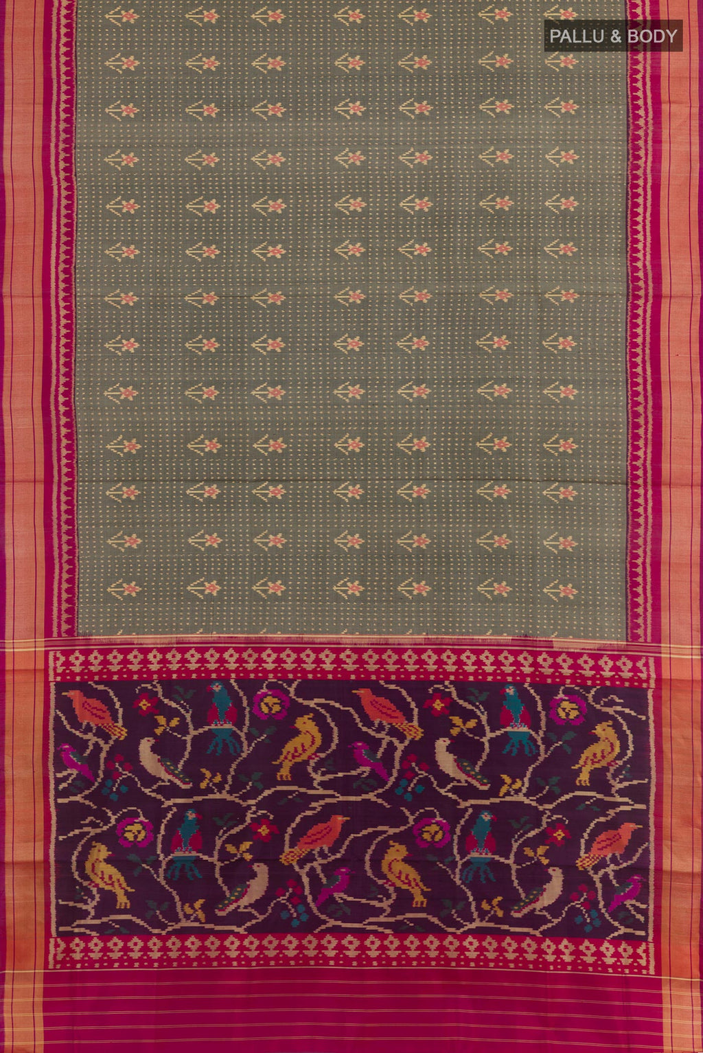 Flat view of Grey Rajkot Patola Silk Saree with Ikat design on the body and Zari Border. 
