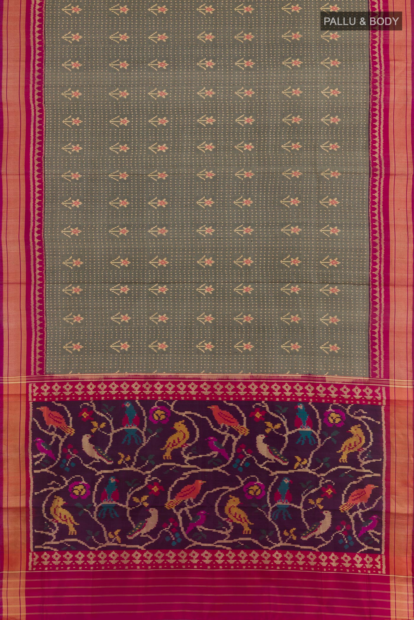 Flat view of Grey Rajkot Patola Silk Saree with Ikat design on the body and Zari Border. 