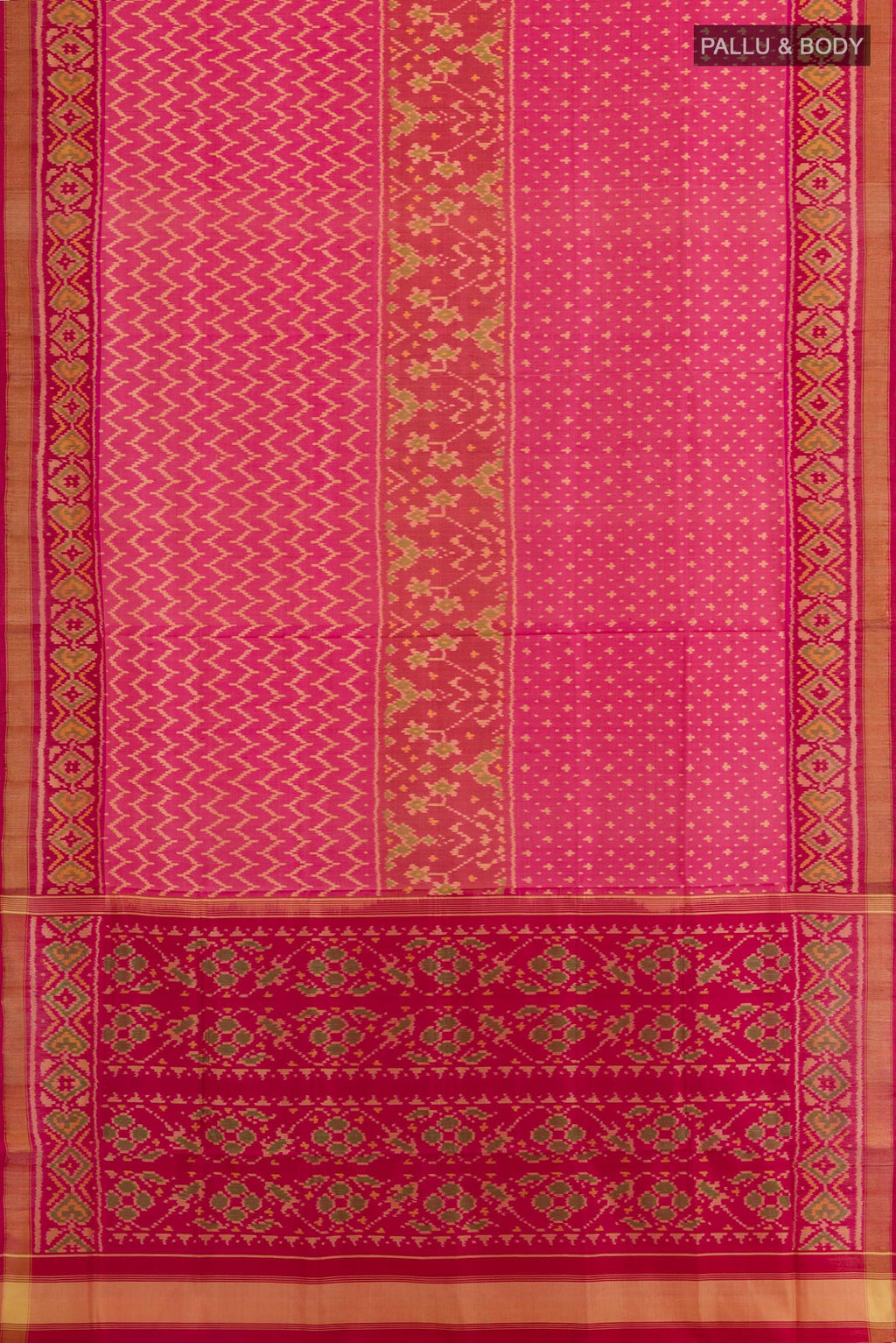 Flat view of Pink Rajkot Patola Silk Saree with Ikat design on the body and Zari Border. 