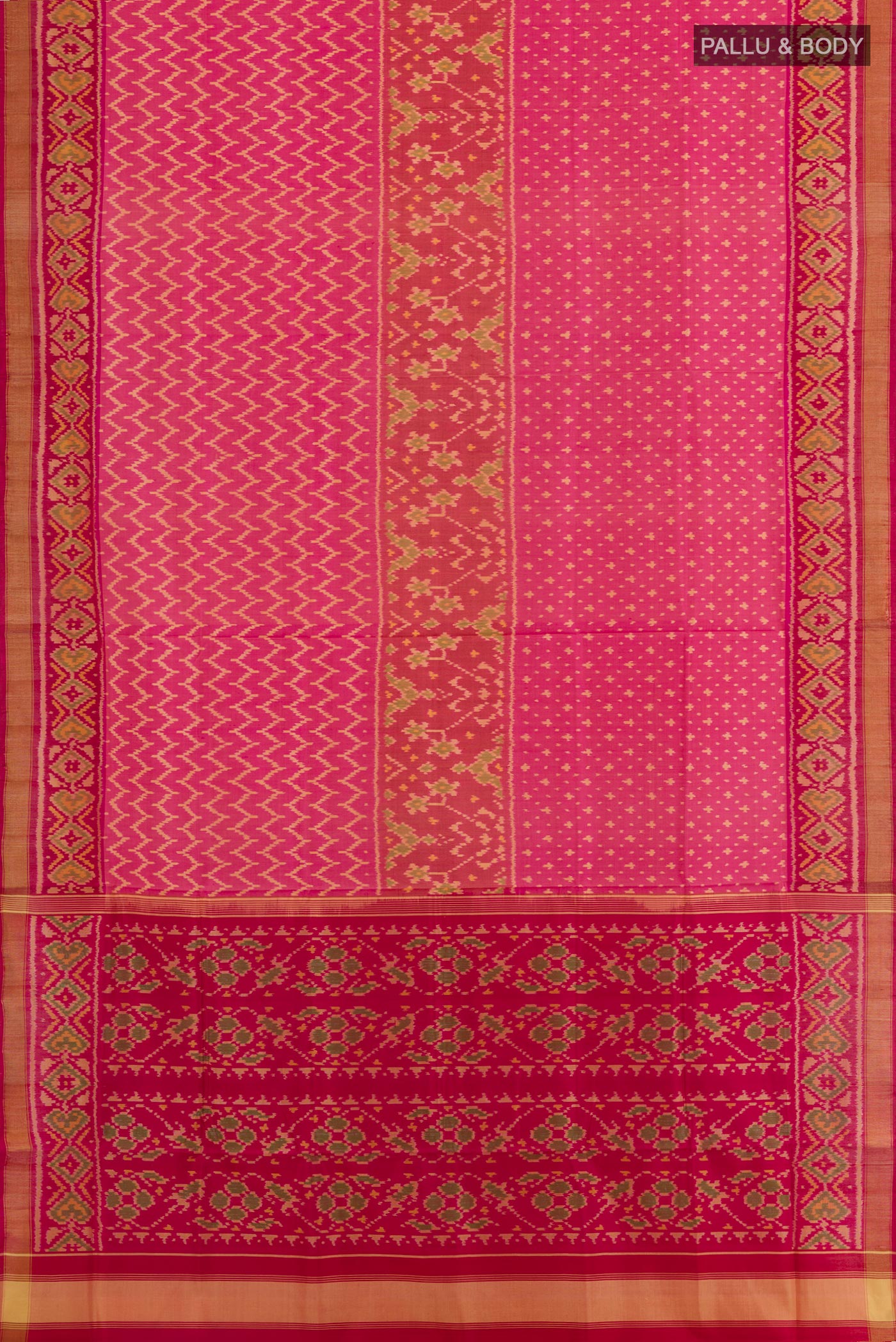 Flat view of Pink Rajkot Patola Silk Saree with Ikat design on the body and Zari Border. 