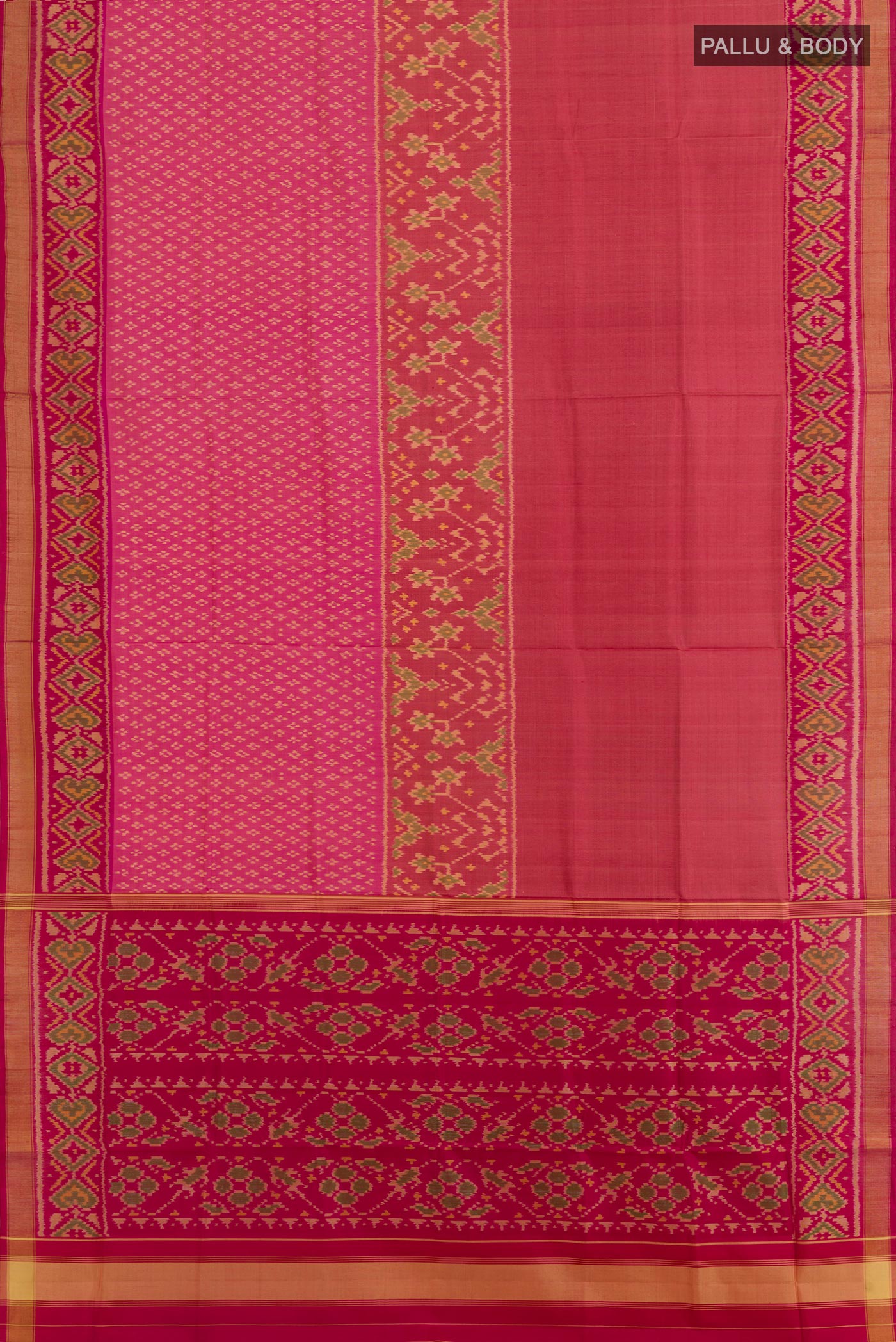 Flat view of Multi Color Rajkot Patola Silk Saree with Pure Ikat on the body and Zari Border. 
