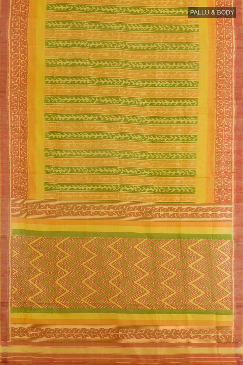 Flat view of Yellow Pochampally Silk Saree with Pure Ikat on the body and Ikat Border. 