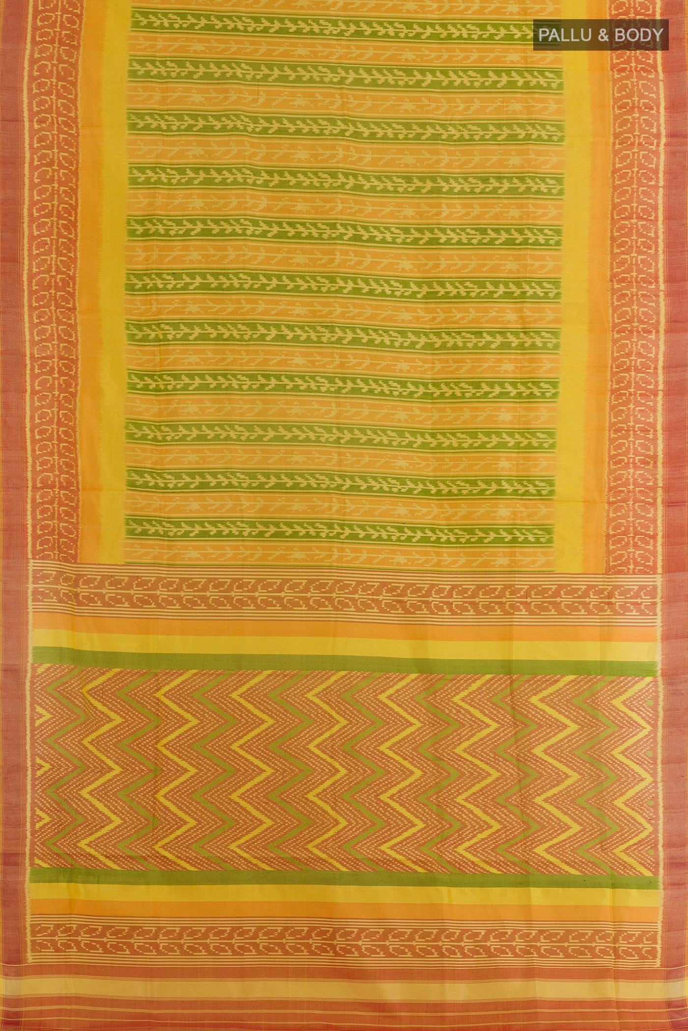 Flat view of Yellow Pochampally Silk Saree with Pure Ikat on the body and Ikat Border. 