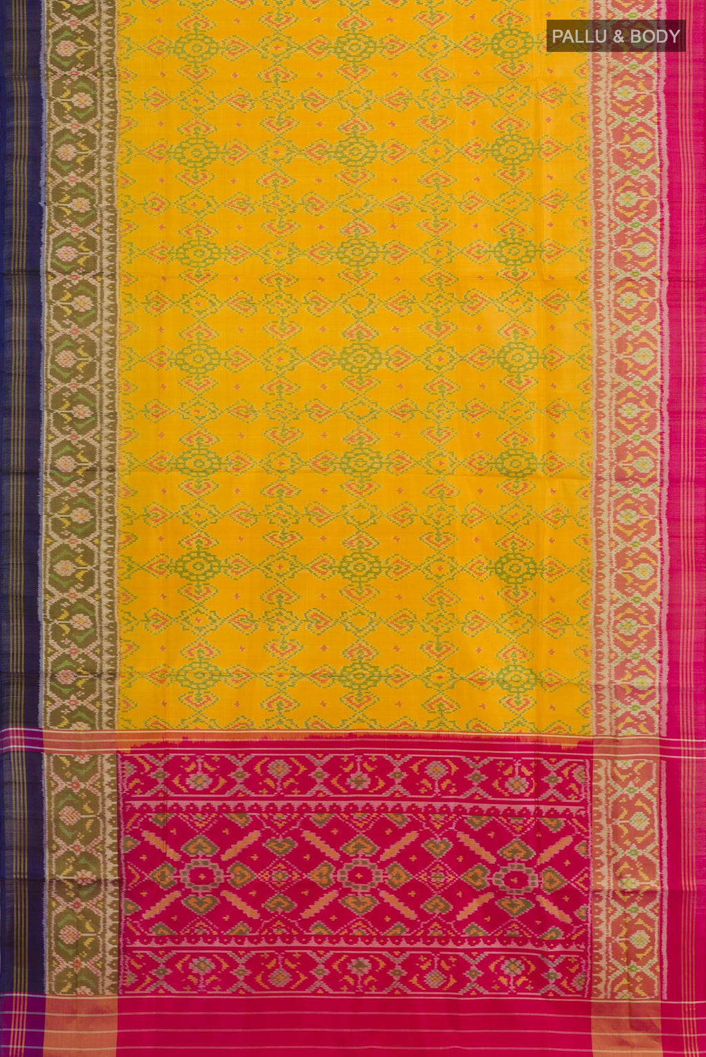 Flat view of Yellow Rajkot Patola Silk Saree with Ikat design on the body and Zari Border. 