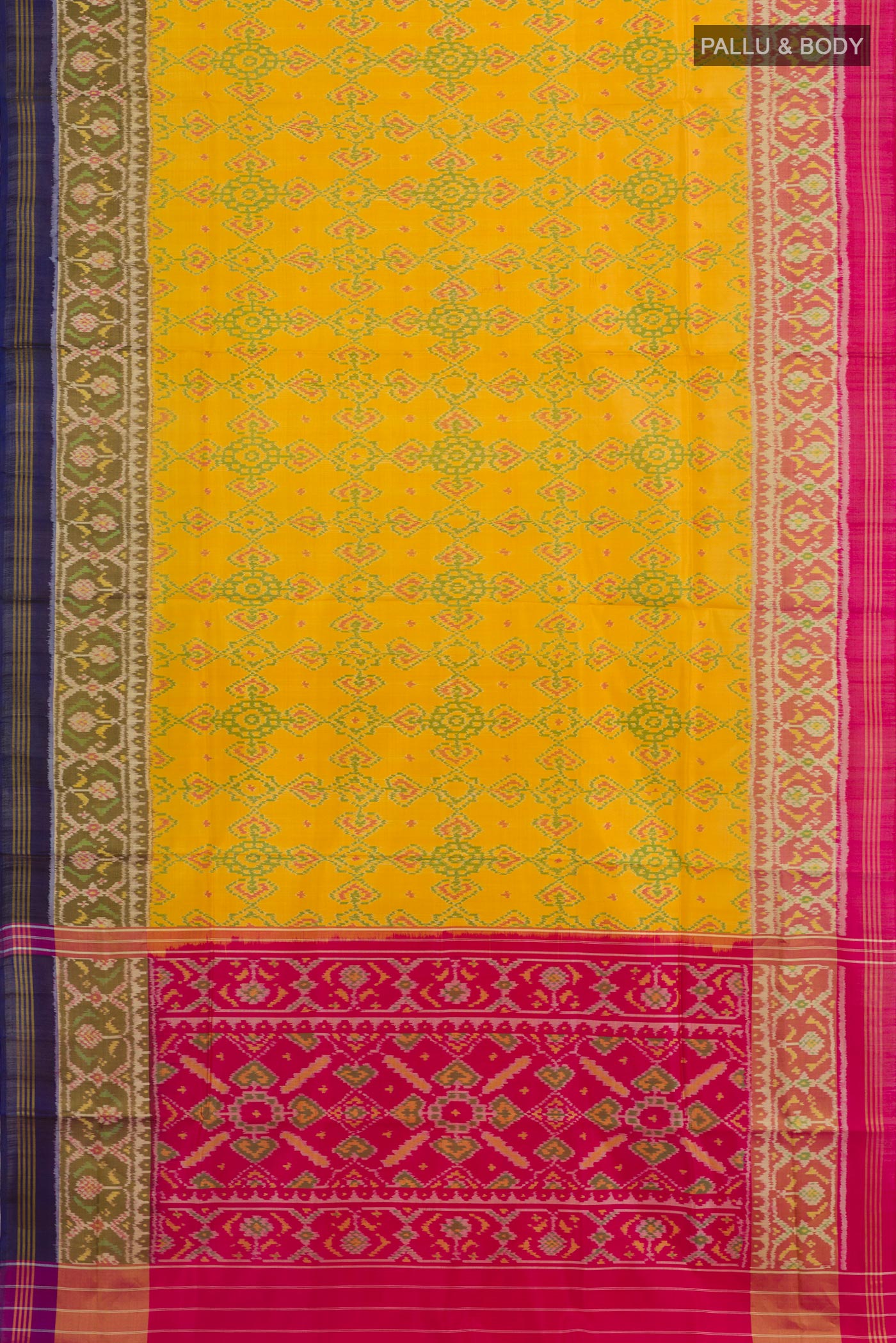Flat view of Yellow Rajkot Patola Silk Saree with Ikat design on the body and Zari Border. 