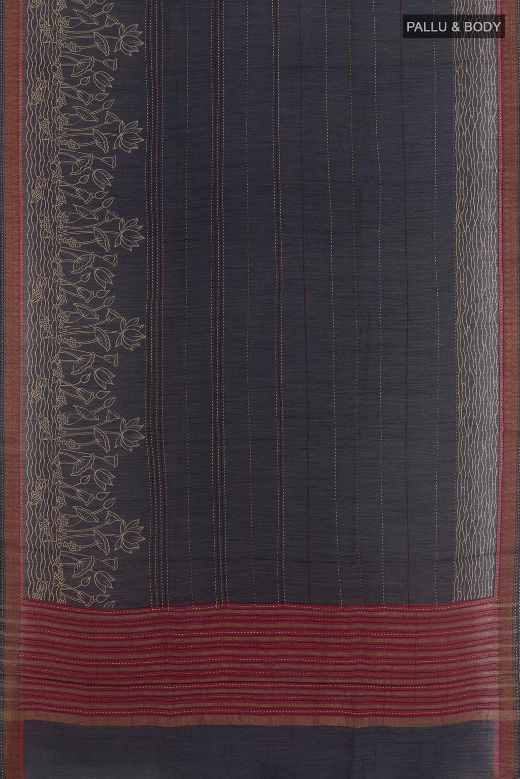 Flat view of Navy Blue Tussar Silk Saree with Embroidery on the body and Zari Border. 