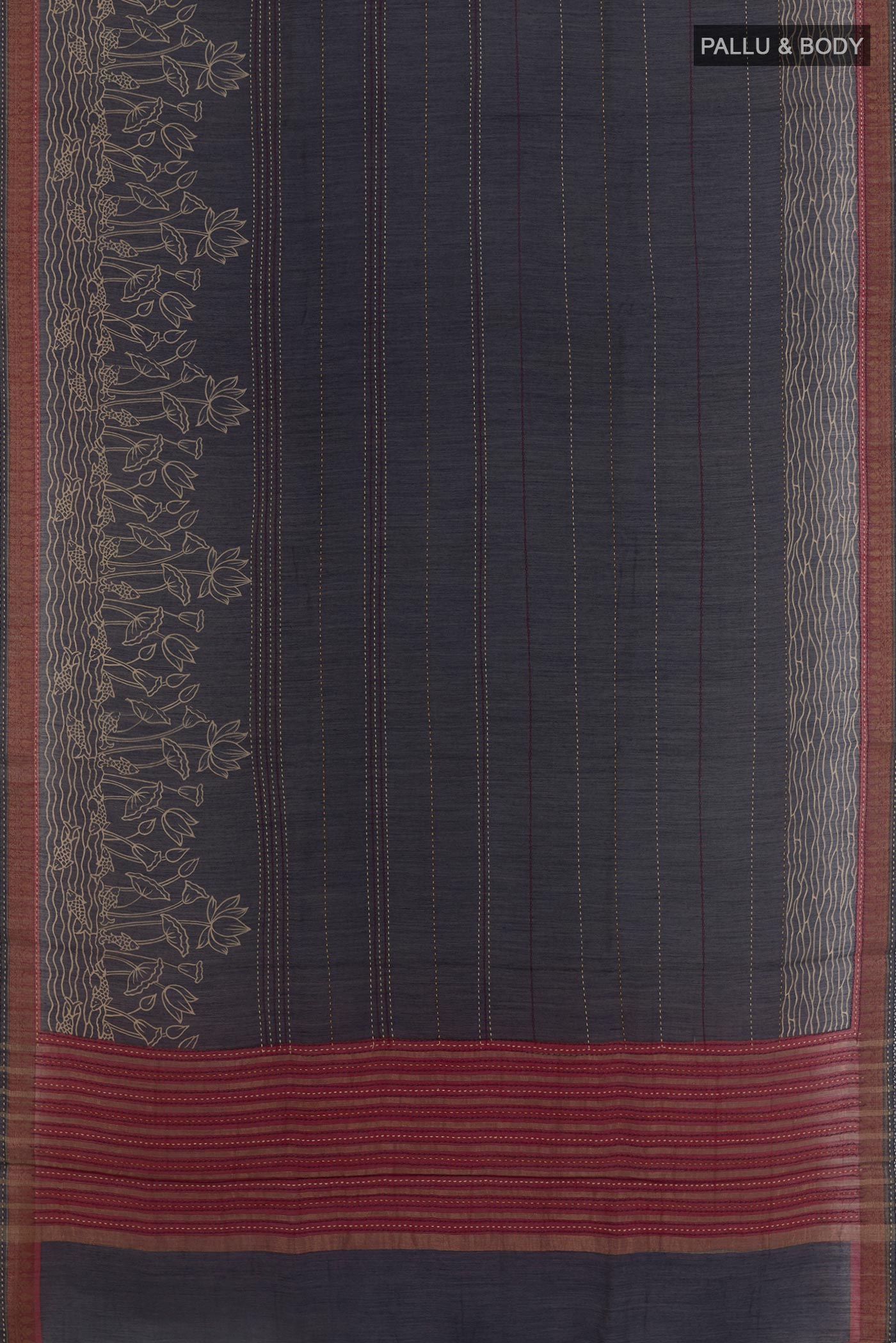 Flat view of Navy Blue Tussar Silk Saree with Embroidery on the body and Zari Border. 