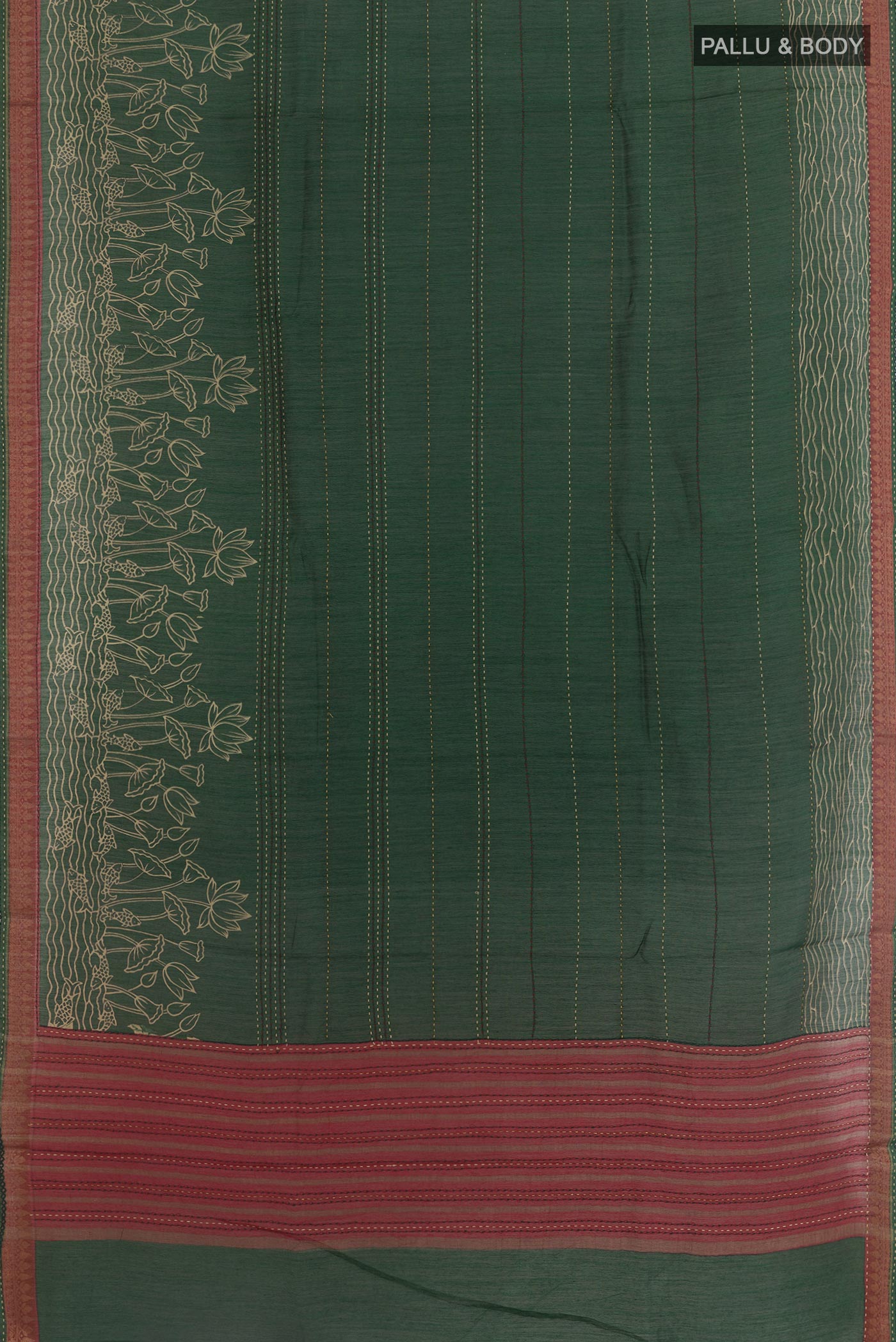 Flat view of Bottle Green Tussar Silk Saree with Printed design on the body and Zari Border. 