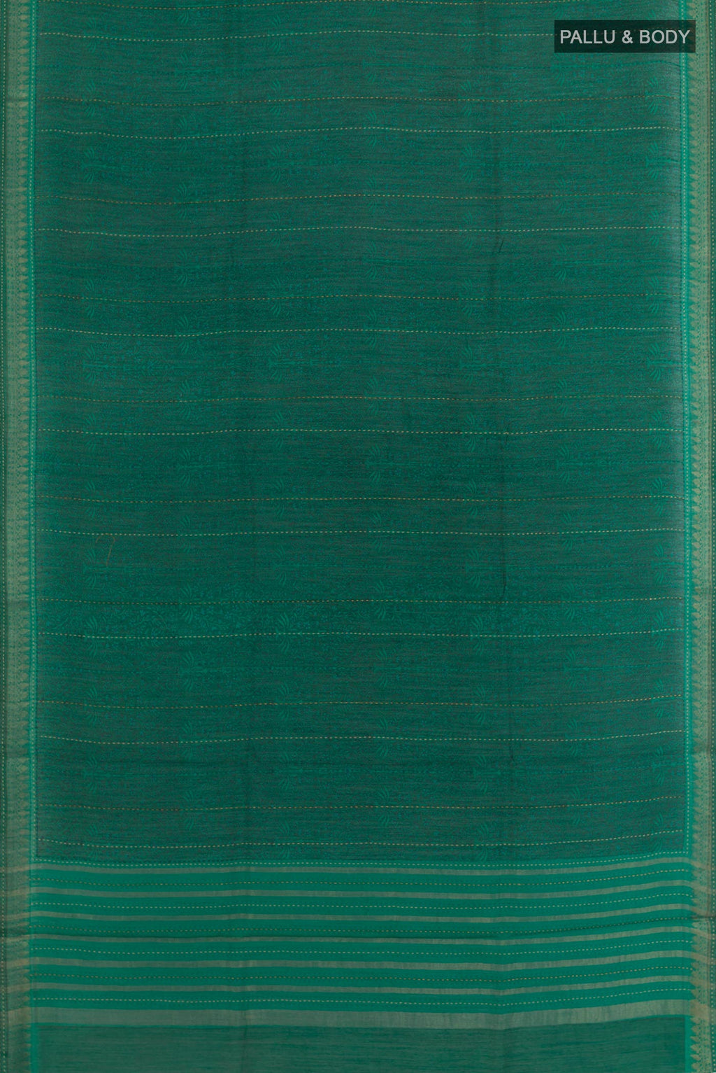 Flat view of Teal Tussar Silk Saree with Printed design on the body and Zari Border. 