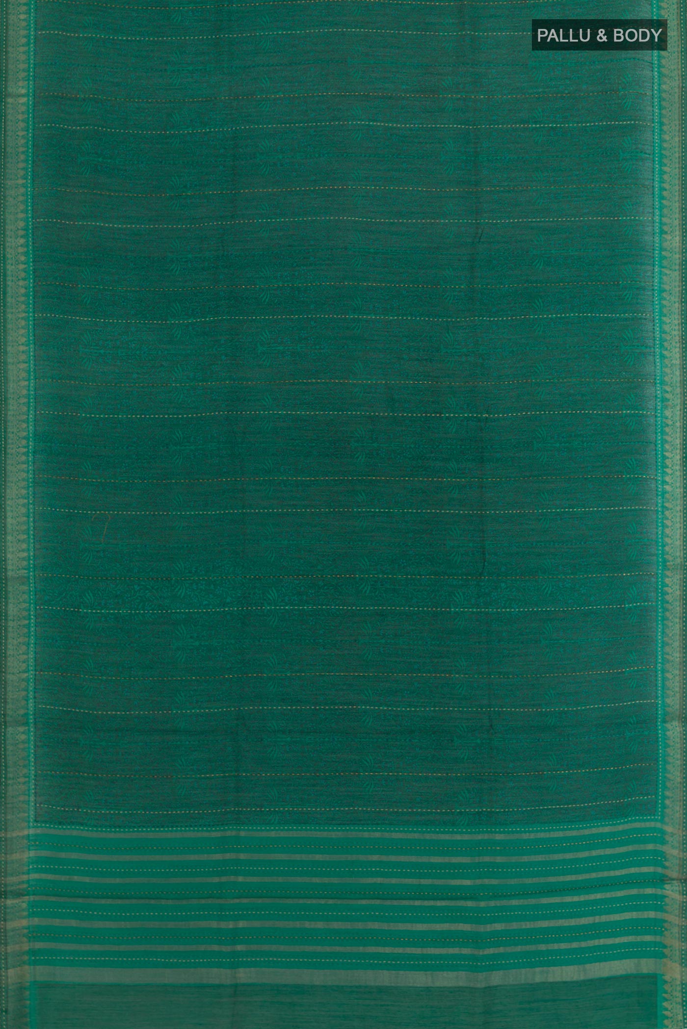 Flat view of Teal Tussar Silk Saree with Printed design on the body and Zari Border. 