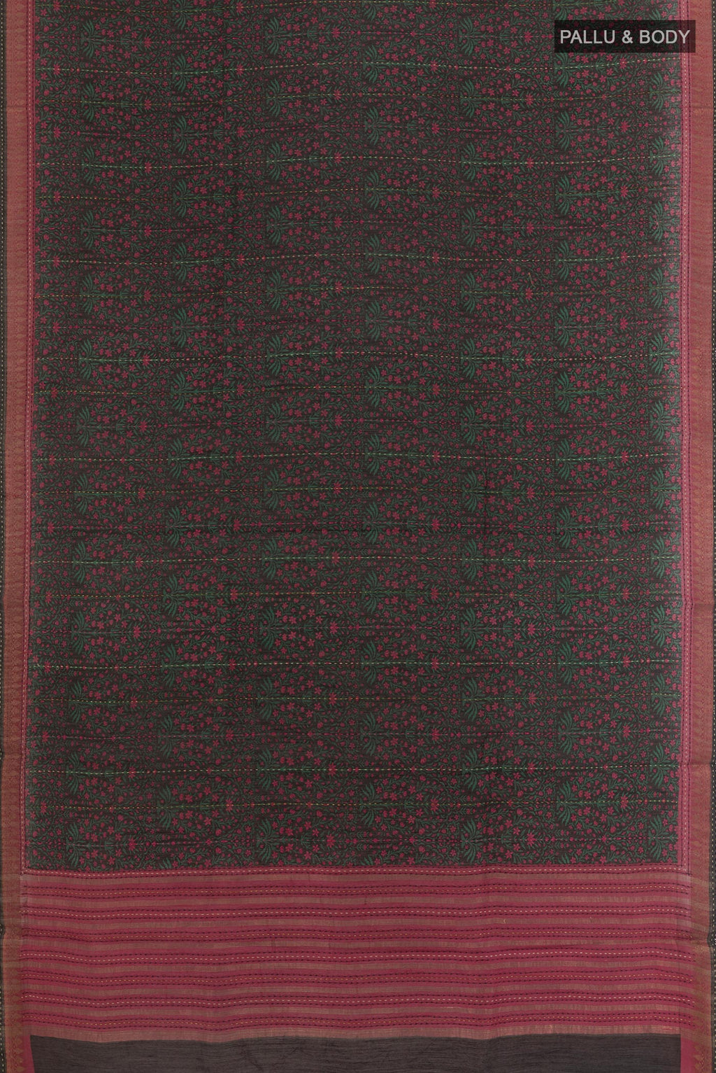 Flat view of Black Tussar Silk Saree with Printed design on the body and Zari Border. 