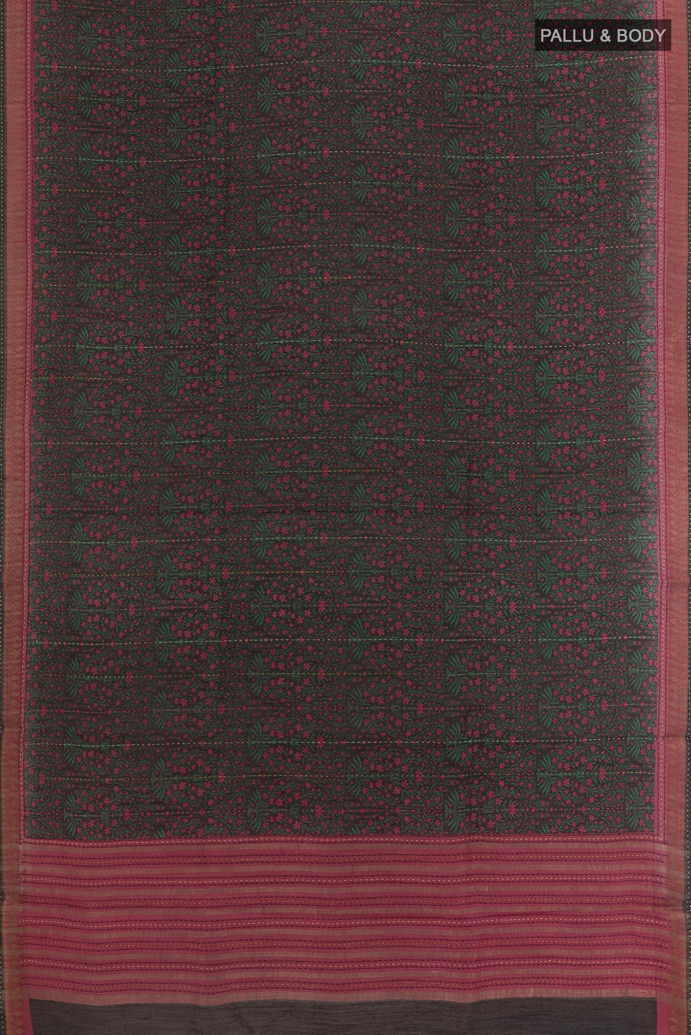 Flat view of Black Tussar Silk Saree with Printed design on the body and Zari Border. 
