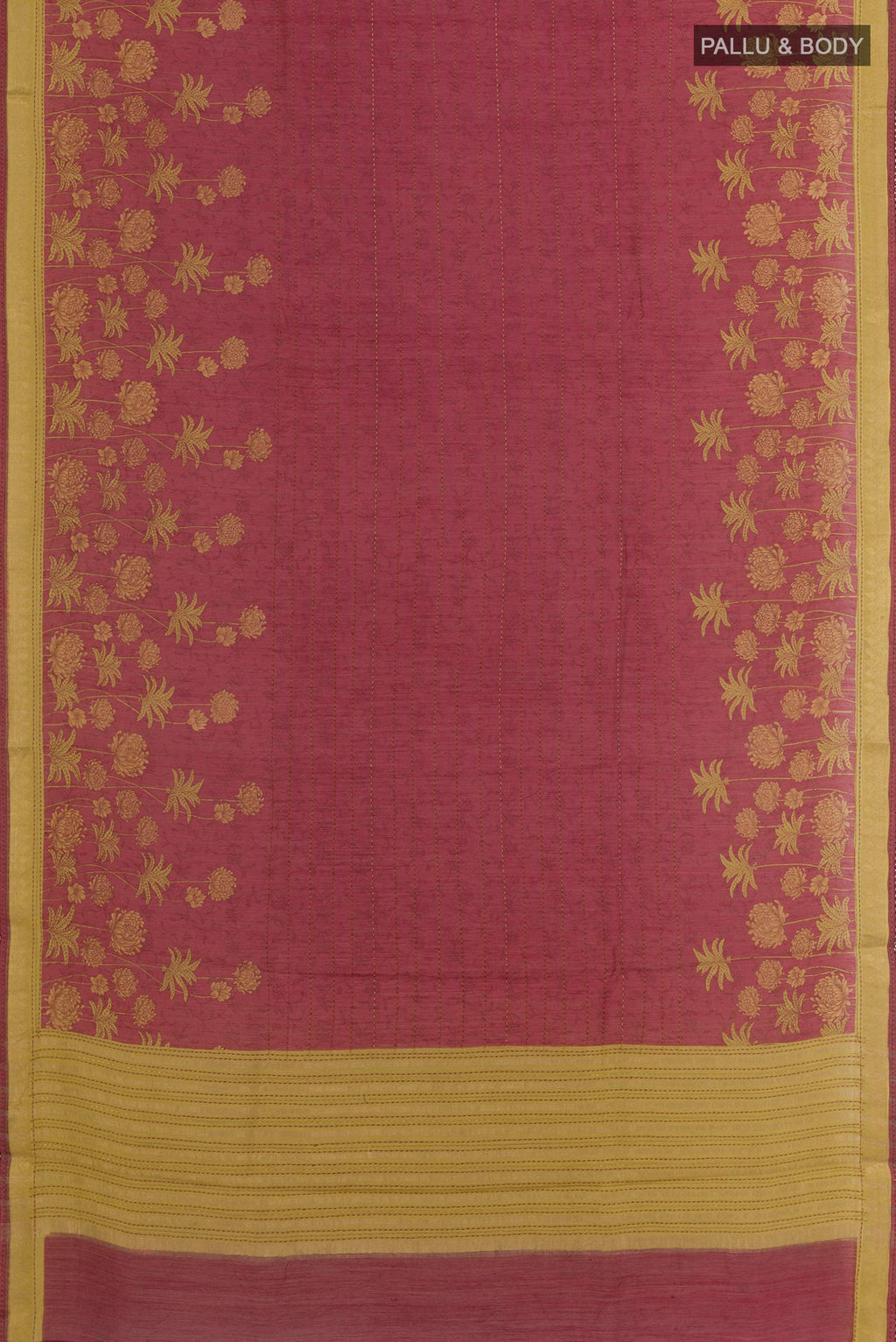 Flat view of Maroon Tussar Silk Saree with Stripes on the body and Zari Border. 