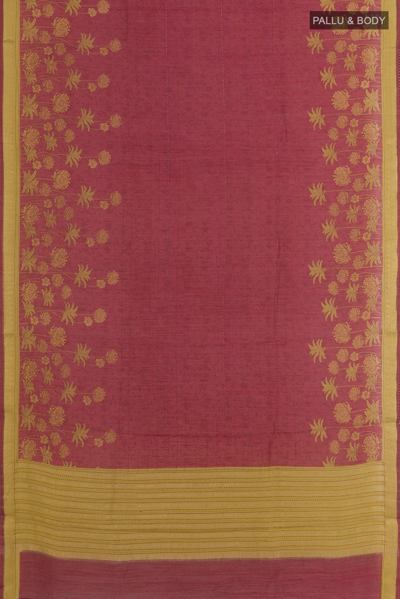 Flat view of Maroon Tussar Silk Saree with Stripes on the body and Zari Border. 