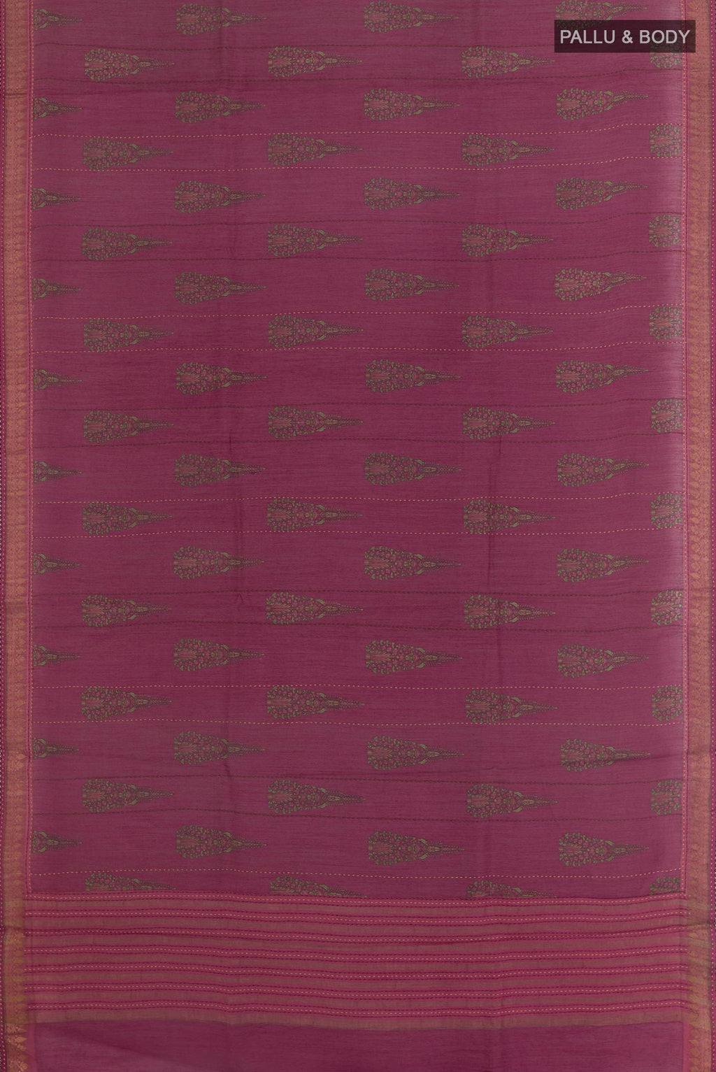 Flat view of Magenta Tussar Silk Saree with Printed design on the body and Zari Border. 