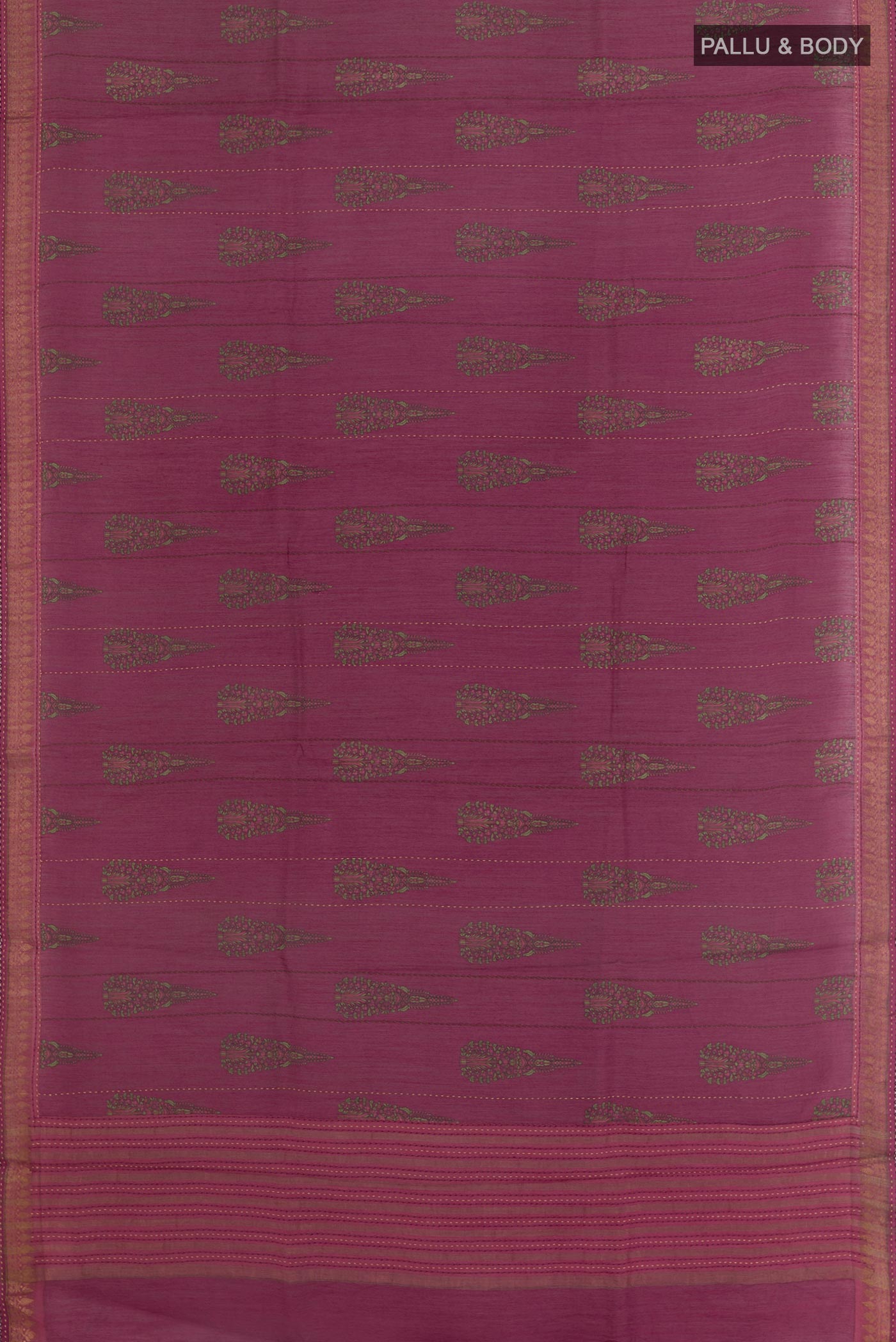 Flat view of Magenta Tussar Silk Saree with Printed design on the body and Zari Border. 