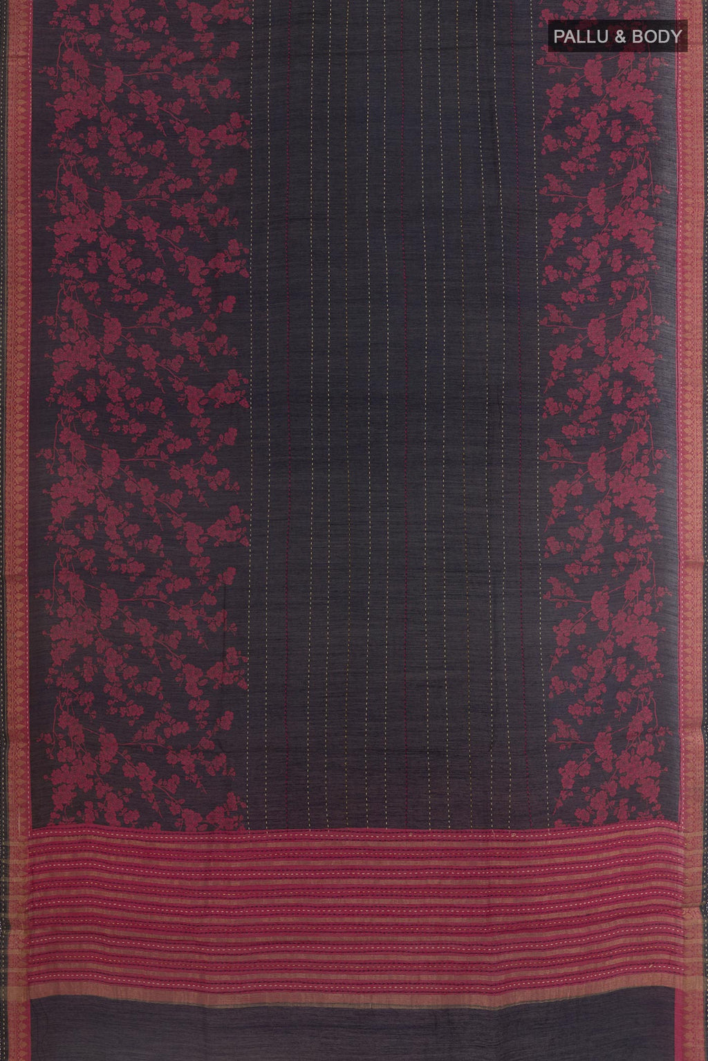 Flat view of Navy Blue Tussar Silk Saree with Printed design on the body and Zari Border. 