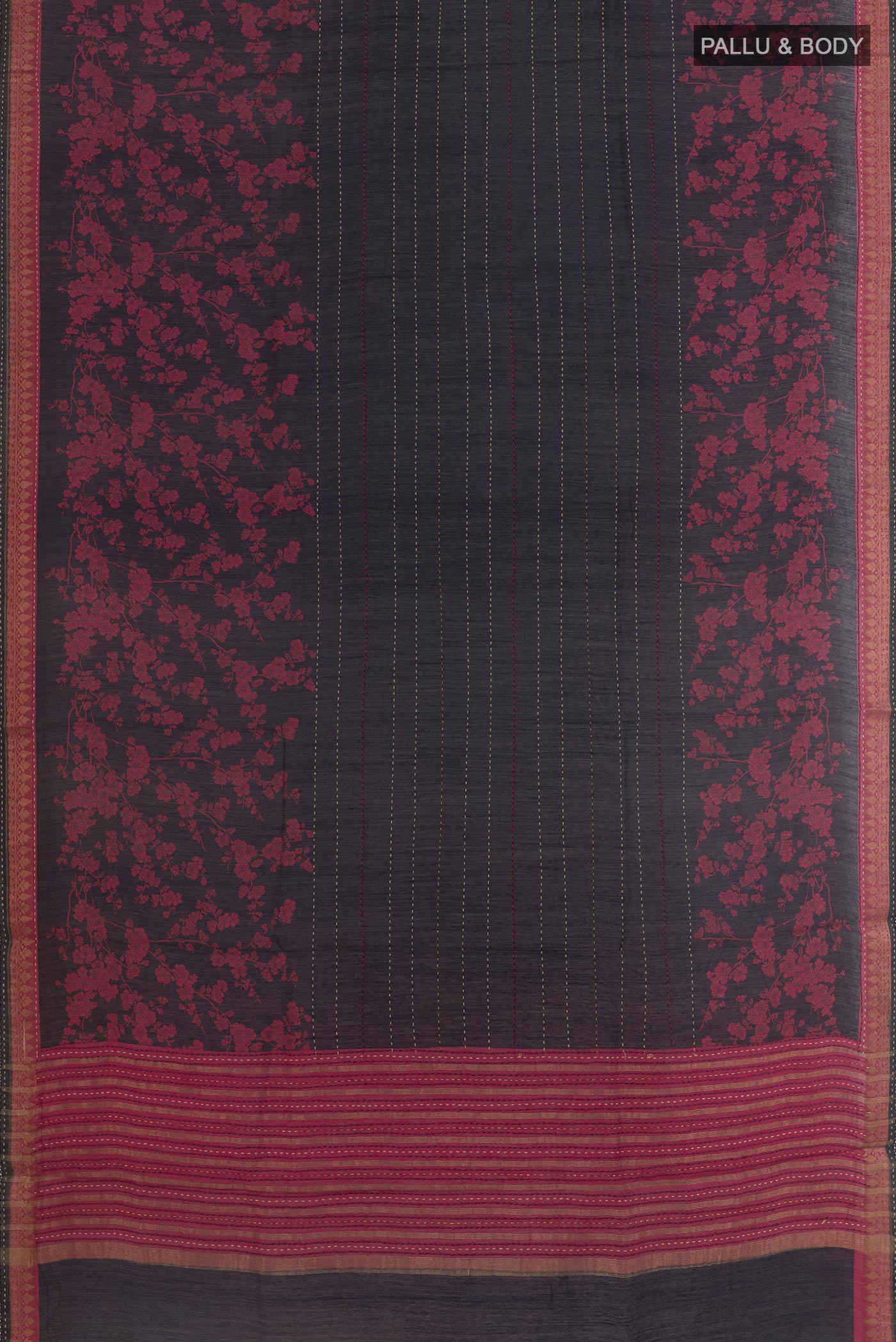 Flat view of Navy Blue Tussar Silk Saree with Printed design on the body and Zari Border. 