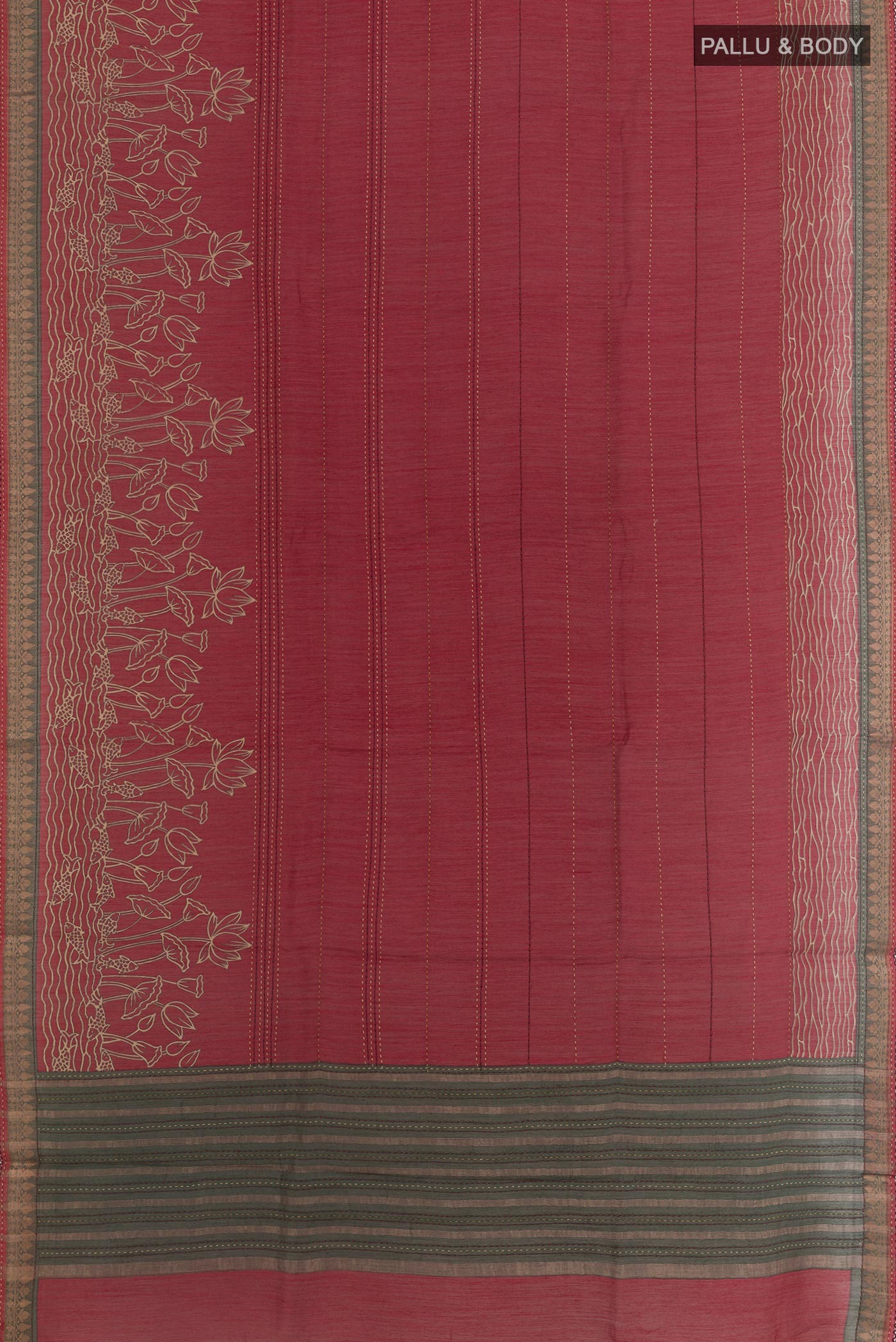 Flat view of Maroon Tussar Saree with Printed design on the body and Zari Border. 